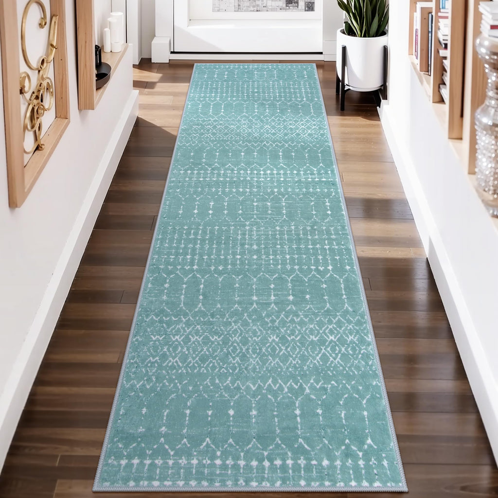Moroccan Washable Runner Rug 2x8 Green Non-Slip Rug Runner Stain Resisitant Kitchen Carpet, Geometric Print