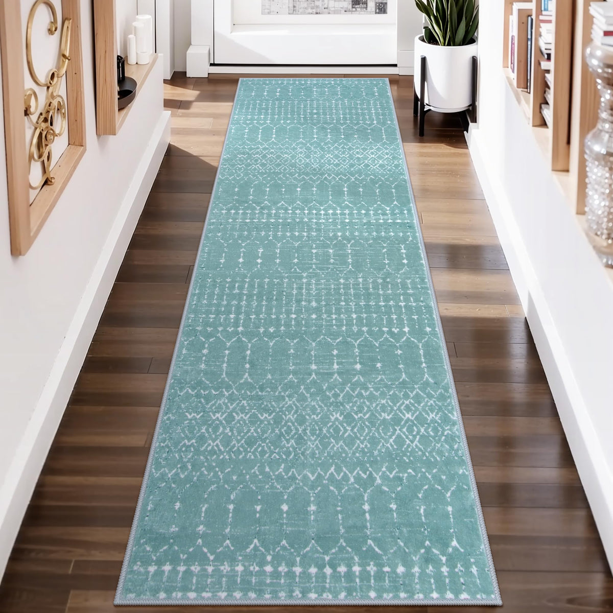Moroccan Washable Runner Rug 2x8 Green Non-Slip Rug Runner Stain Resisitant Kitchen Carpet, Geometric Print