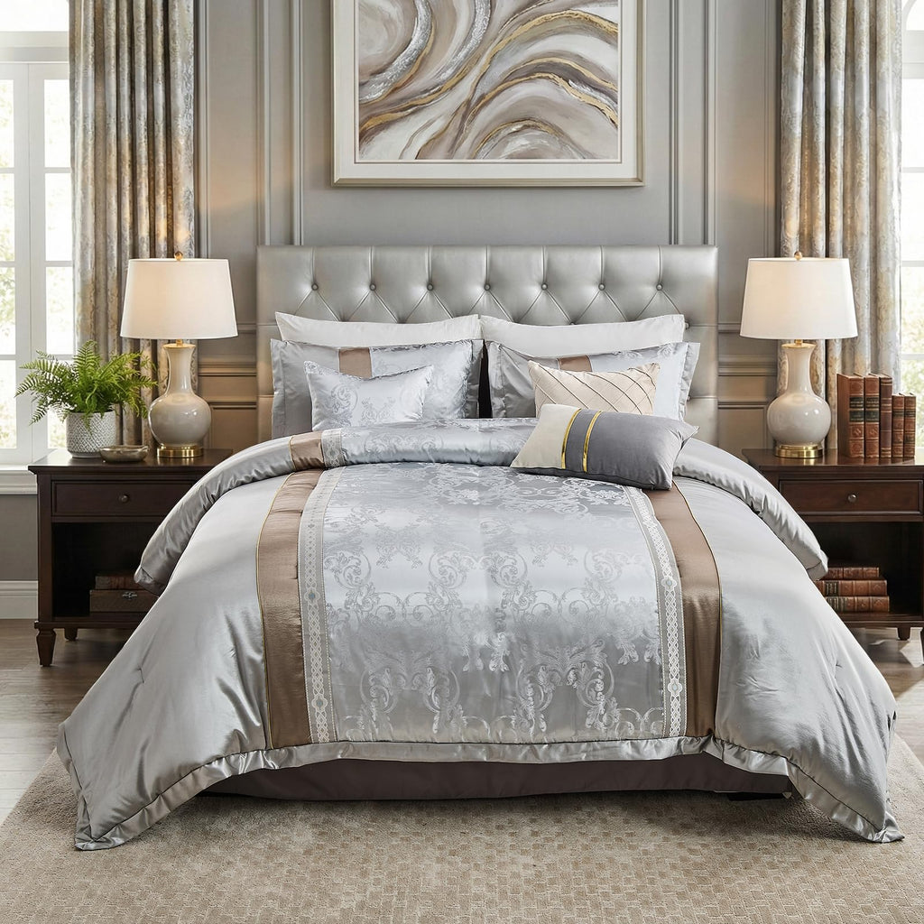 Silver Gray Comforter Set, 7PC Jacquard Bed in a Bag