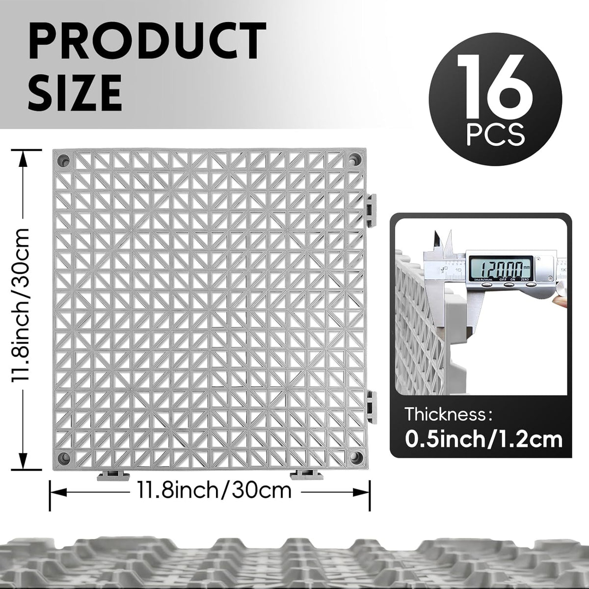 Modular Interlocking Cushion Drainage Floor Tiles, 16-Pack 11.8"x11.8" PVC Raised Non-Slip Interlocking Mats with Drain