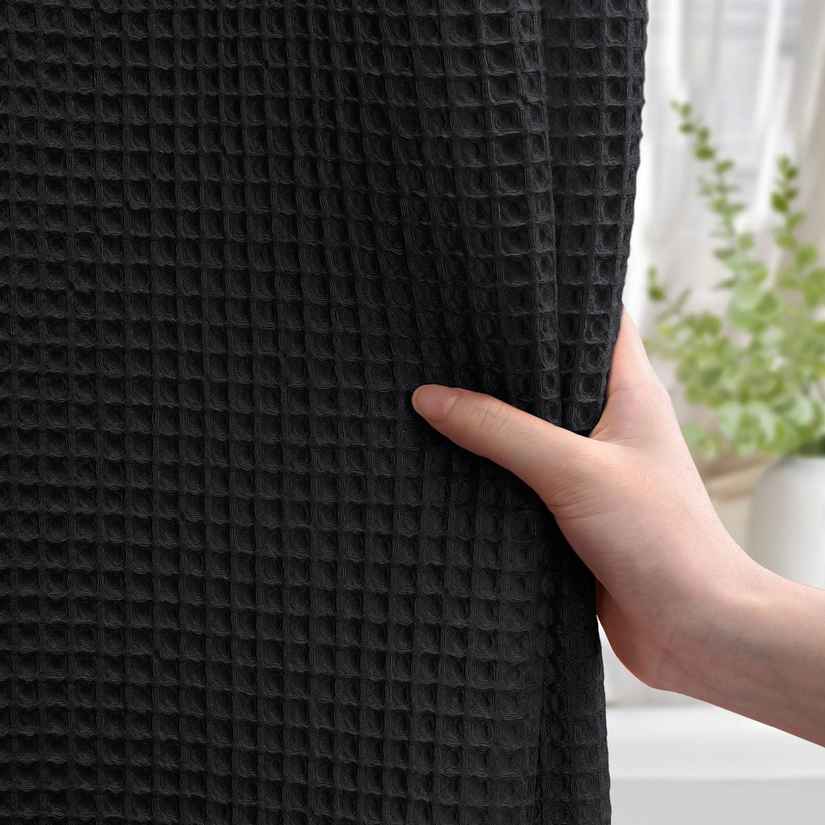 Stall Waffle Weave Shower Curtain Heavyweight Cotton Fabric Black 48Wx72L