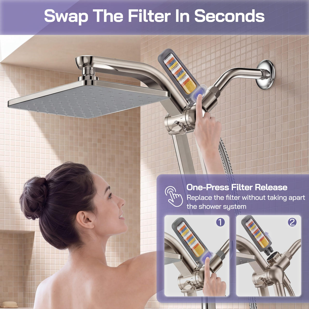 High Pressure Filtered Shower Head with Handheld Combo, Nickel