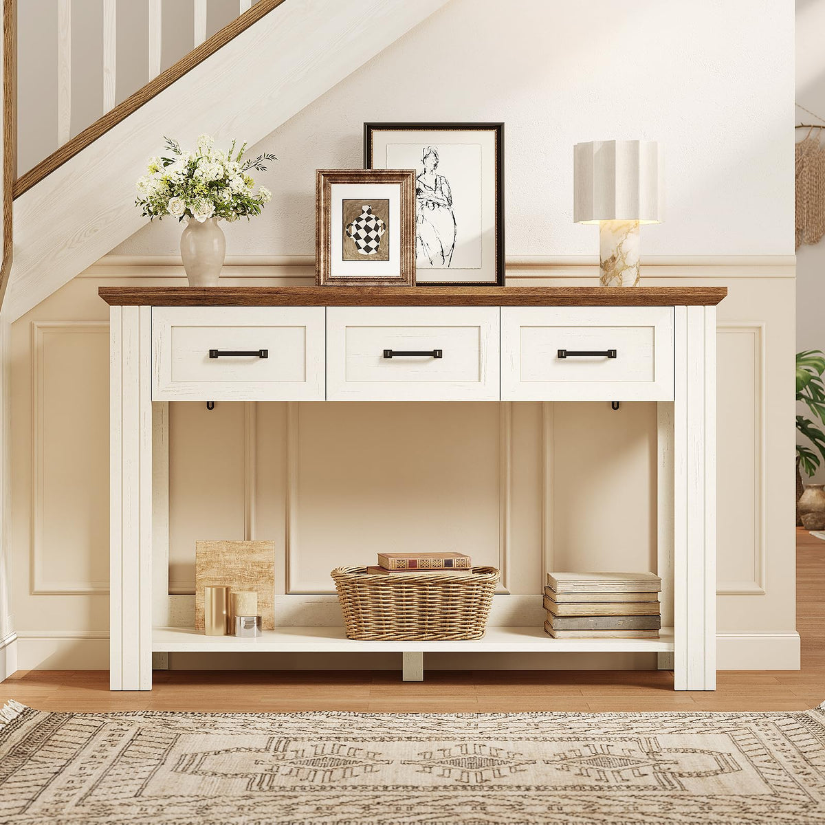 47" Farmhouse Console Table with 3 Drawers, Rustic Entryway Table