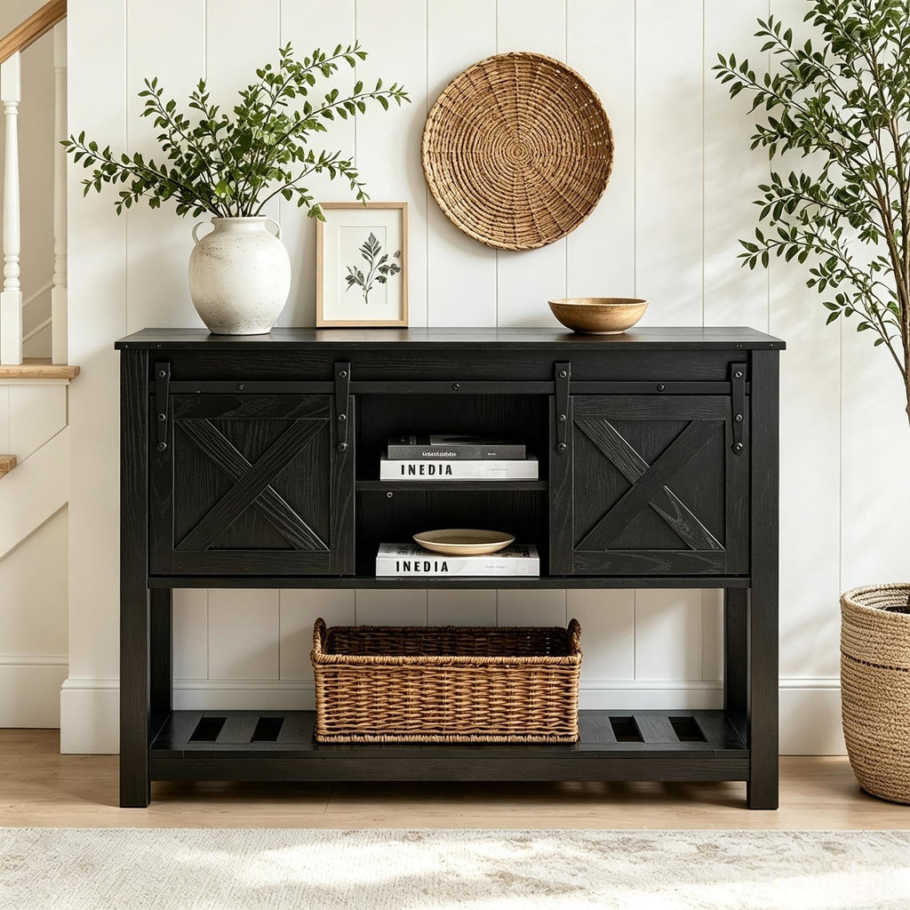 Farmhouse Entryway Table with Sliding Barn Doors, Wood Console Table with Storage Shelf, Rustic Sofa Table, Foyer