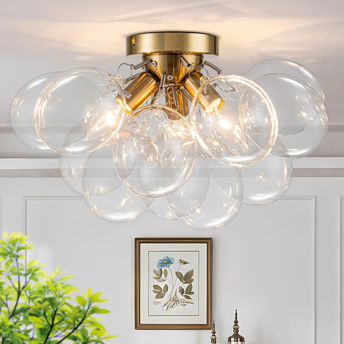 Gold Close-to-Ceiling Semi-Flush Mount Chandelier for Hallways and Bedrooms
