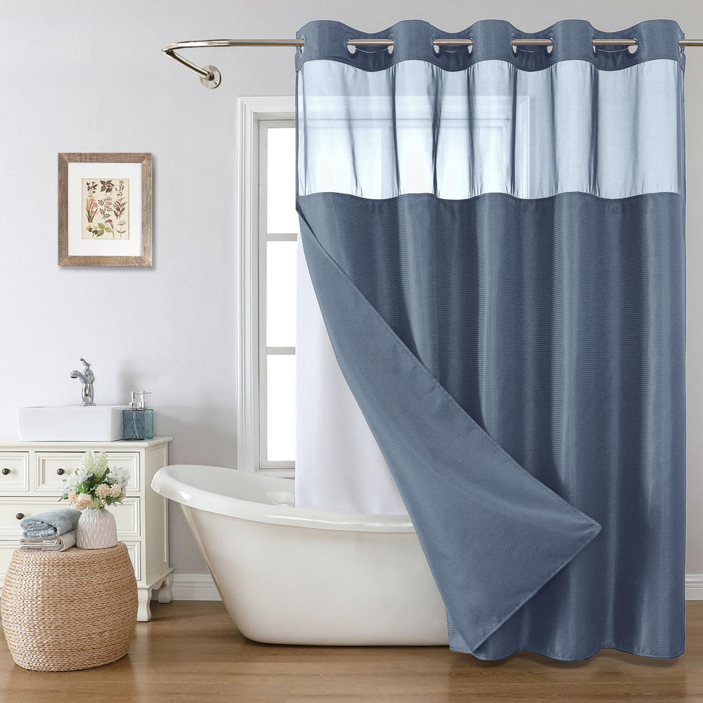 No Hook Check Waffle Extra Long Shower Curtain Set, 71 x 80 in