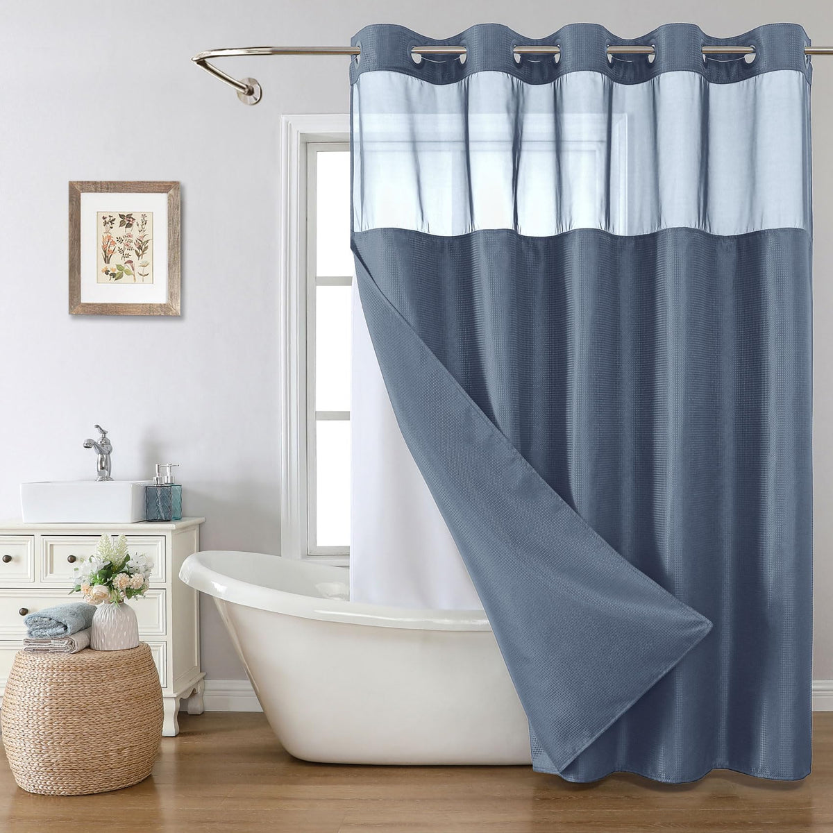 No Hook Check Waffle Extra Long Shower Curtain Set, 71 x 80 in