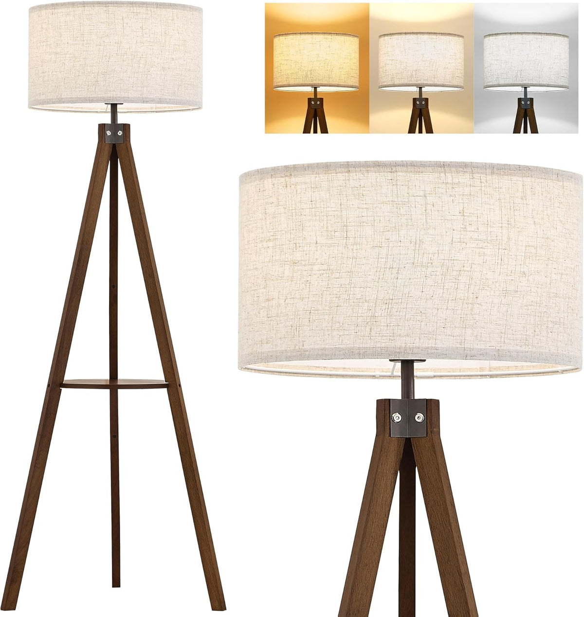 Tripod Floor Lamp with Table, Mid Century Wood Shelf Standing Light Modern Tall Floor Lamp with Linen Shade Bedroom