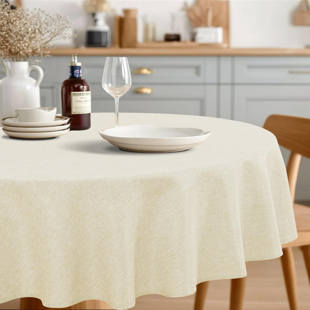 Round Table Cloth Faux Linen Farmhouse Tablecloth Wrinkle & Stain Resistant Table Cover Dining, Holiday Party Dinner