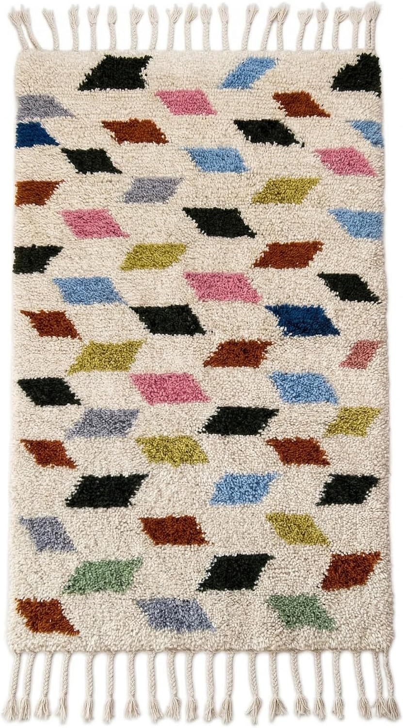 Handmade Moroccan Berber Wool Rug 6' x 9', 100% Wool High Pile Shag, Ivory/Cream with Multicolor Diamond Motifs