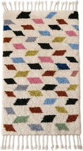Handmade Moroccan Berber Wool Rug 6' x 9', 100% Wool High Pile Shag, Ivory/Cream with Multicolor Diamond Motifs
