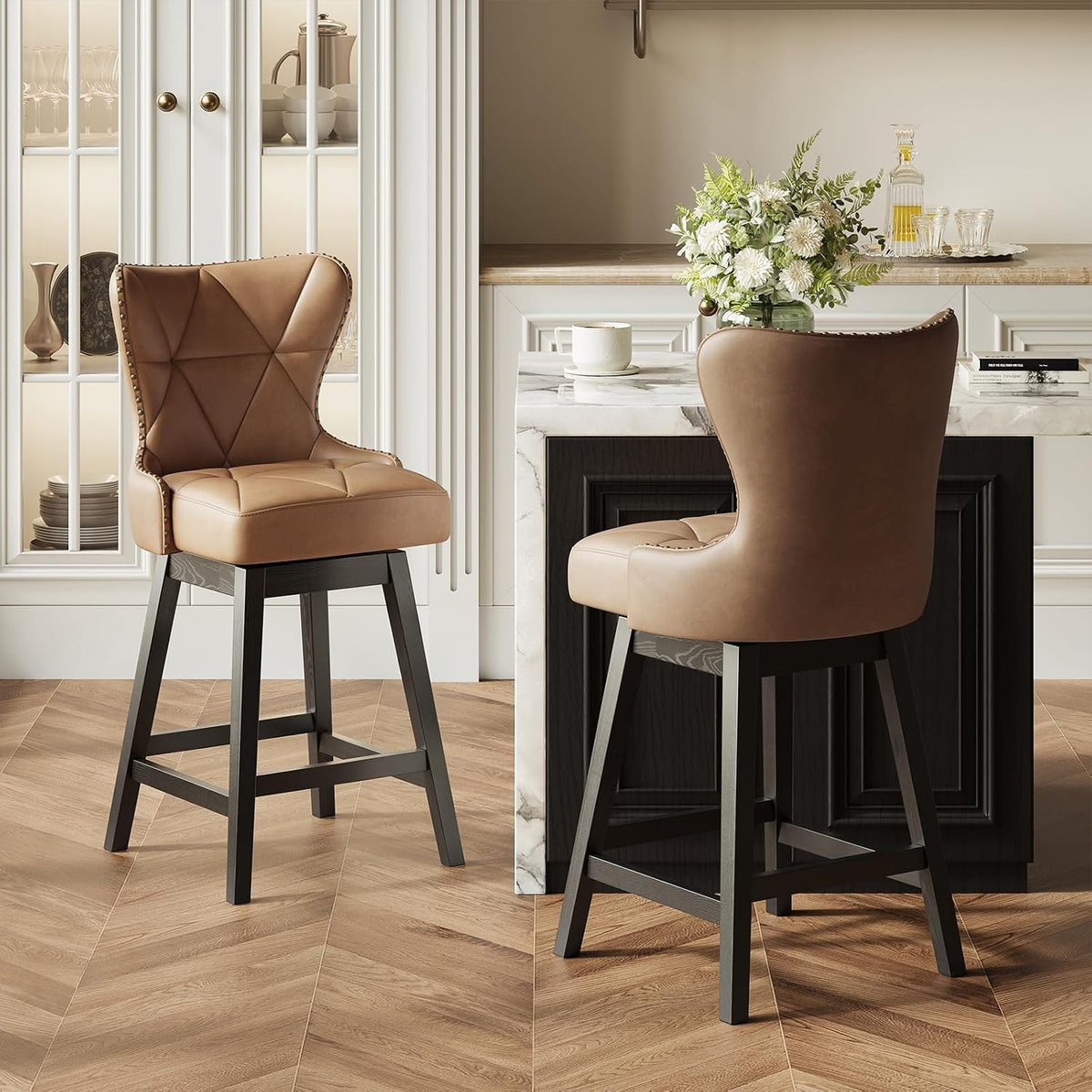Swivel Counter Height Bar Stools Set of 4, Tall Faux Leather Barstools, Modern Bar Chairs with Solid Back and Wood