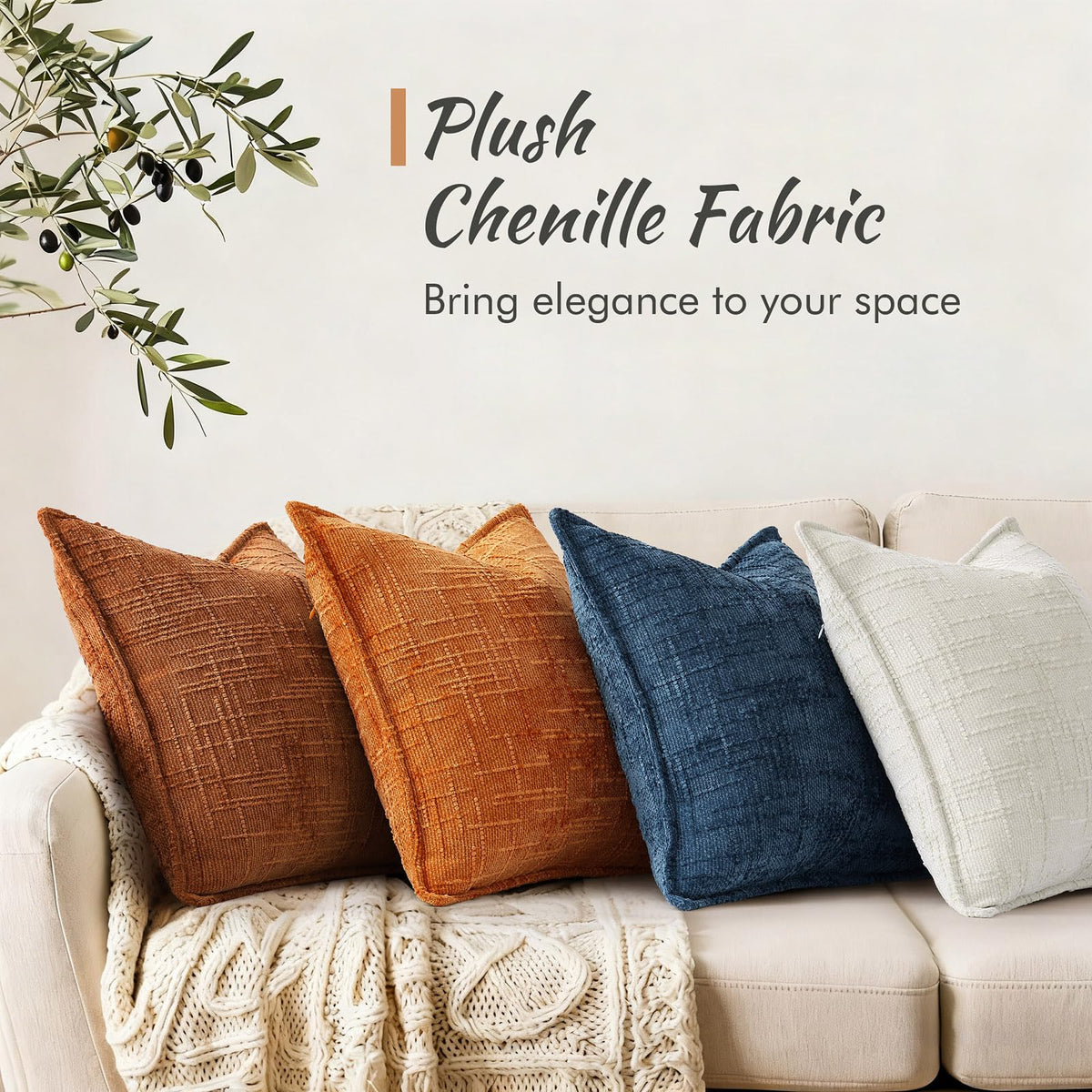 Chenille Fall Throw Pillow Covers 22x22 Set of 2, Burnt Orange
