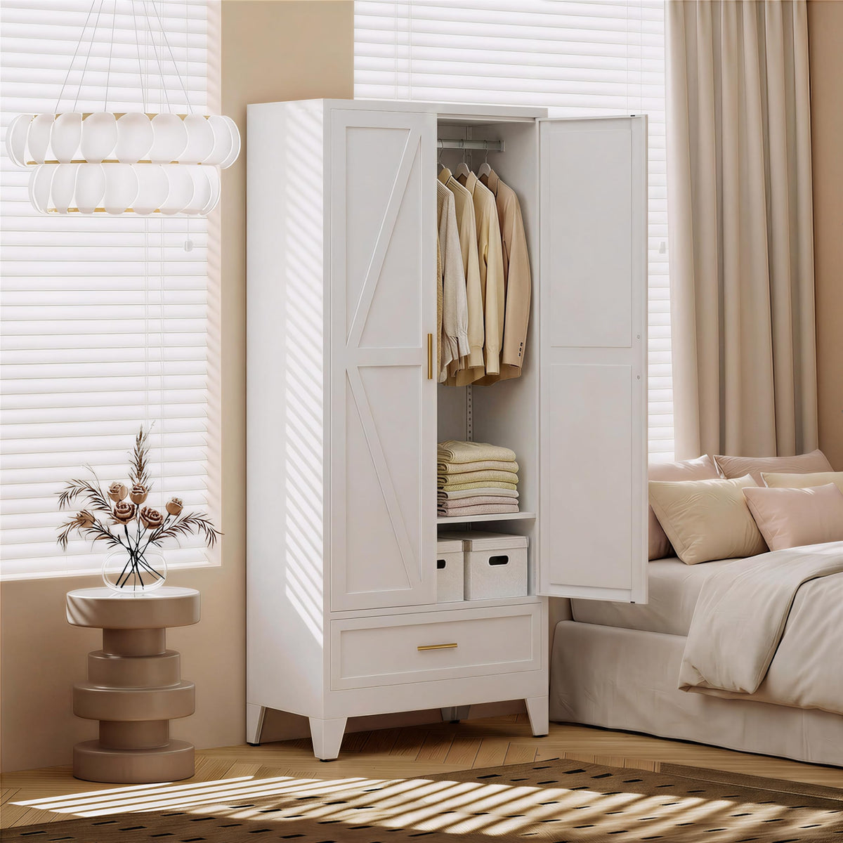 71" H White Closet,Armoire Wardrobe Closet,Metal Wardrobe Closet with Doors and Shelves,Large Wardrobe Closet