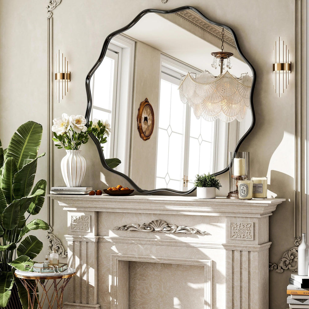 Black Scalloped Circle Mirror, 36" Wavy Edge Round Wall Mirror