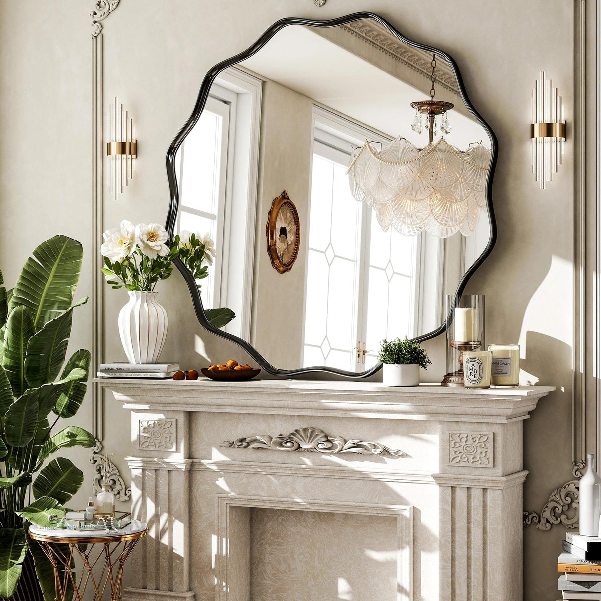 Black Scalloped Circle Mirror, 36" Wavy Edge Round Wall Mirror