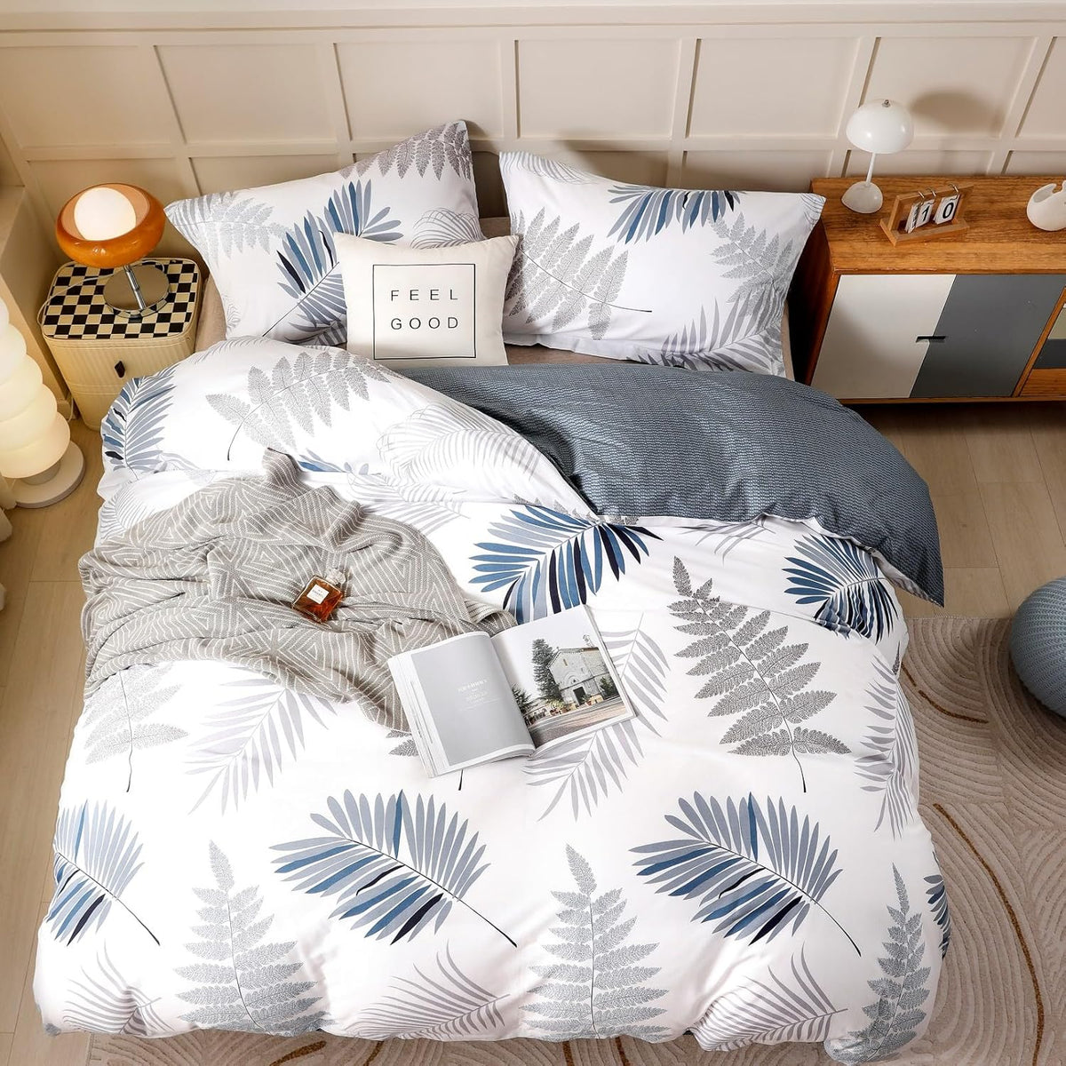 Duvet Cover Set,100% Cotton Comforter Cover with Leaf Pattern Duvet Cover Set,Soft Bedding Set Includes with 3 Piece, King Size