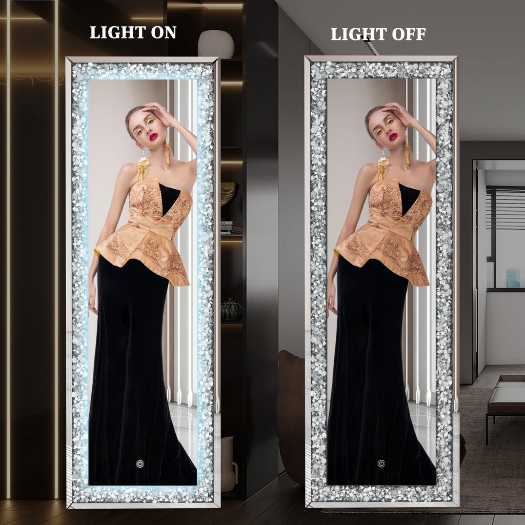65"×22" LED Full-Length Mirror Crystal Crush Diamond, Wall Mounted Diamond Mirror Leaning Bedroom Dimming & 3 Color