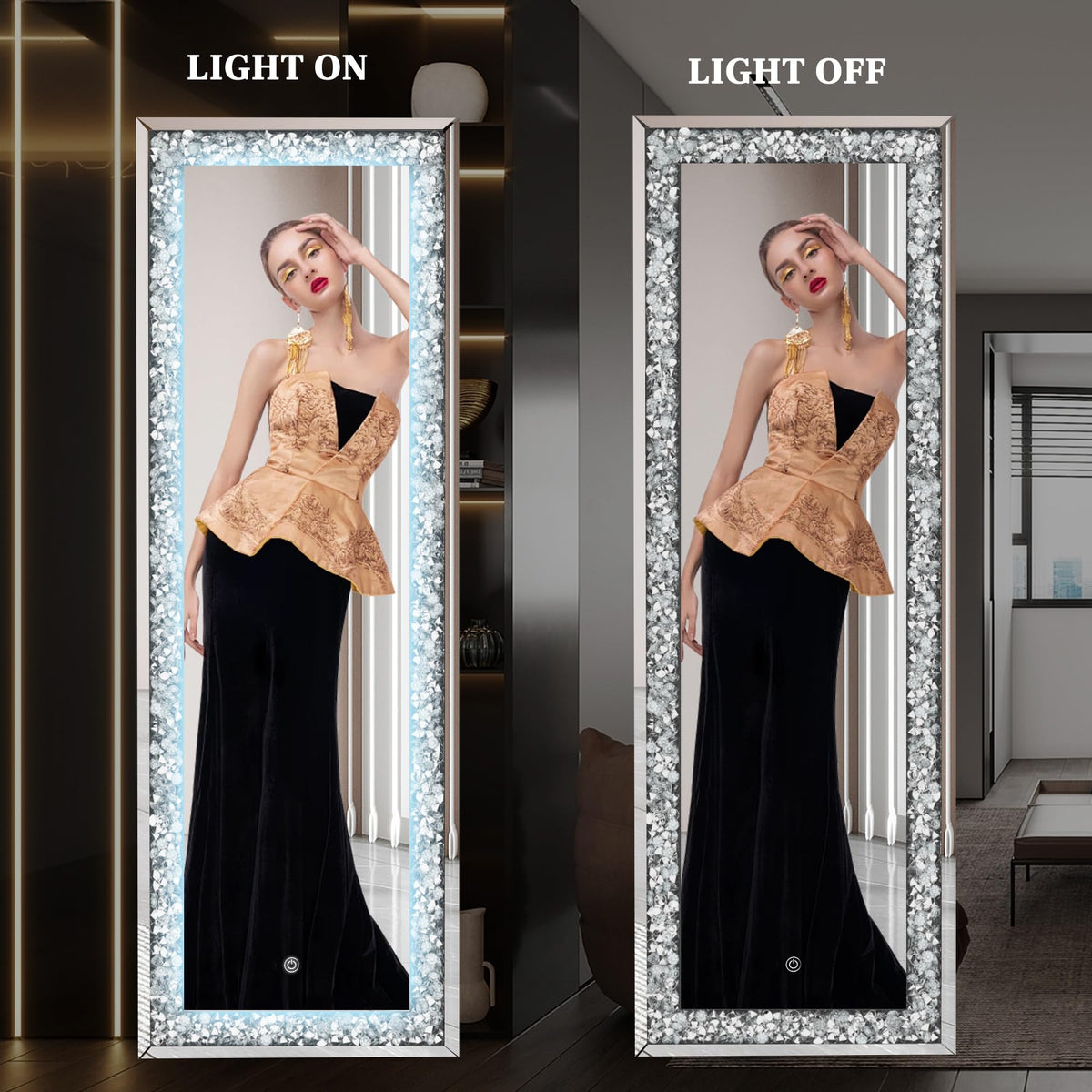 65"×22" LED Full-Length Mirror Crystal Crush Diamond, Wall Mounted Diamond Mirror Leaning Bedroom Dimming & 3 Color