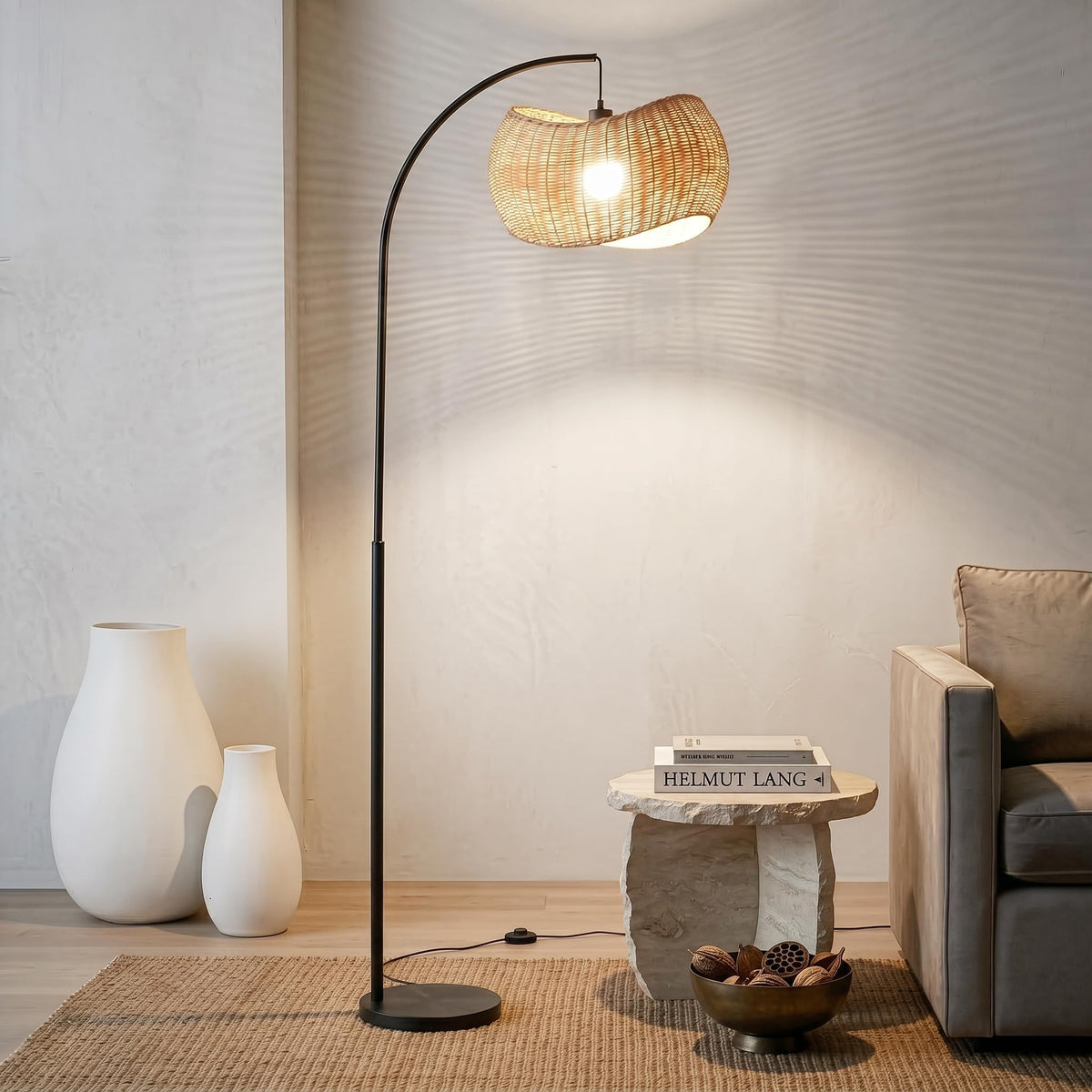 Wave Arc Floor Lamp - Chic Standing Lamp with Unique Hanging Wicker Pendant Shade, Boho Rattan Natural Decor Lamp