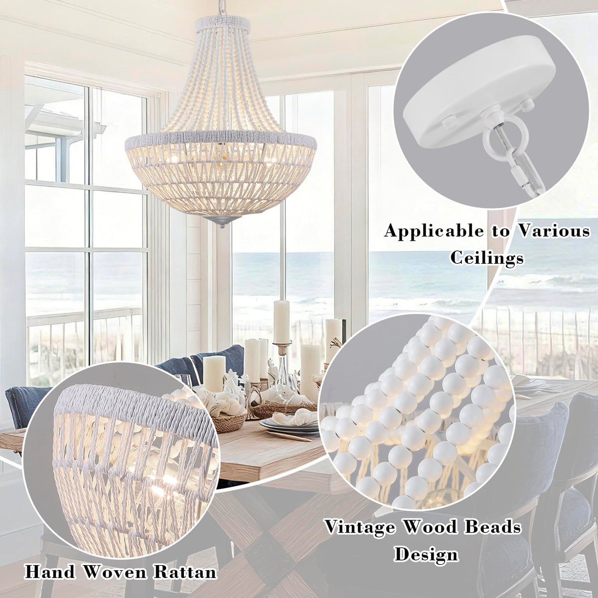 22" Boho Wood Beaded Chandelier Farmhouse Rattan Pendant Light Fixtures Bohemia Large Rattan Chandeliers Living Room