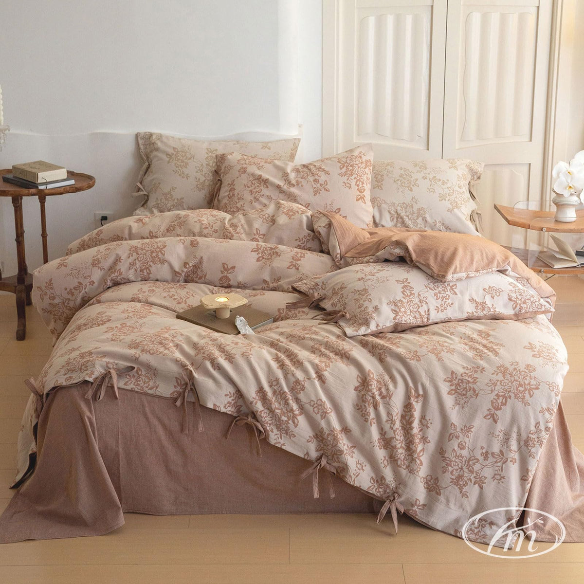 Chic Floral Duvet Cover Queen, Yarn-Dyed Cotton Jacquard Textured Duvet Cover with Bowknot Retro Monet Style Bedding