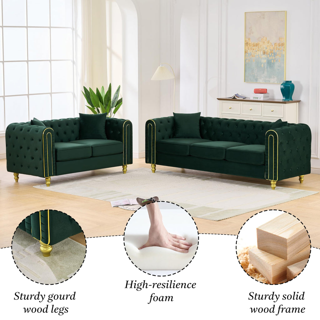 Chesterfield 86" 3-Seater + 63" Loveseat Green Sofa Sets, 3+2-Seater Couch Comfy Sofa, Button Tufted Rolled Arms and