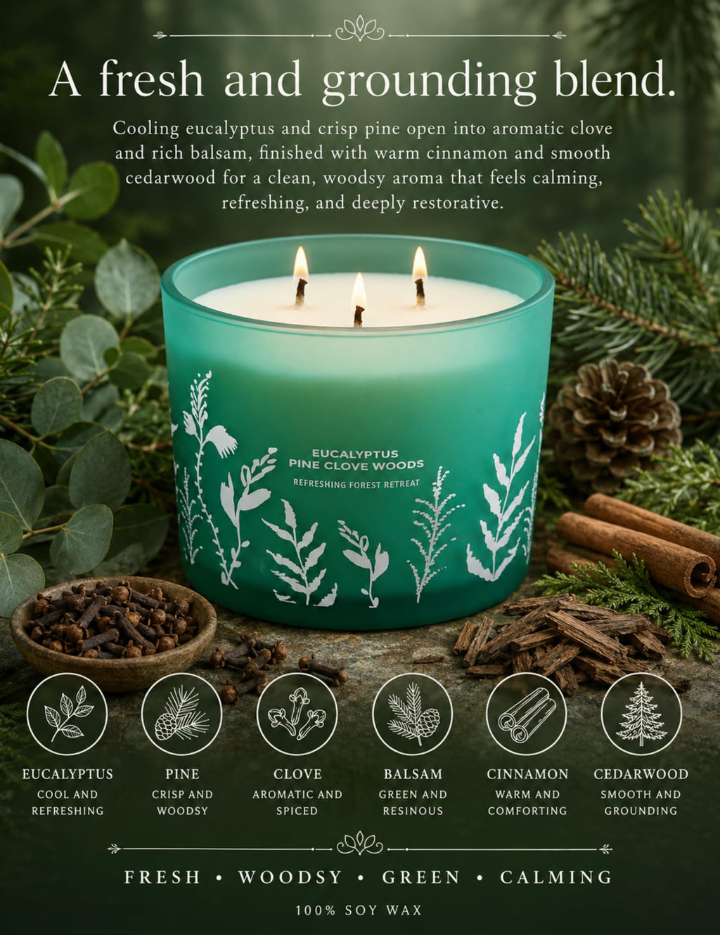 Eucalyptus Pine Clove Scented Candle, 3-Wick Soy Wax, Fresh Forest, 14.5 Oz