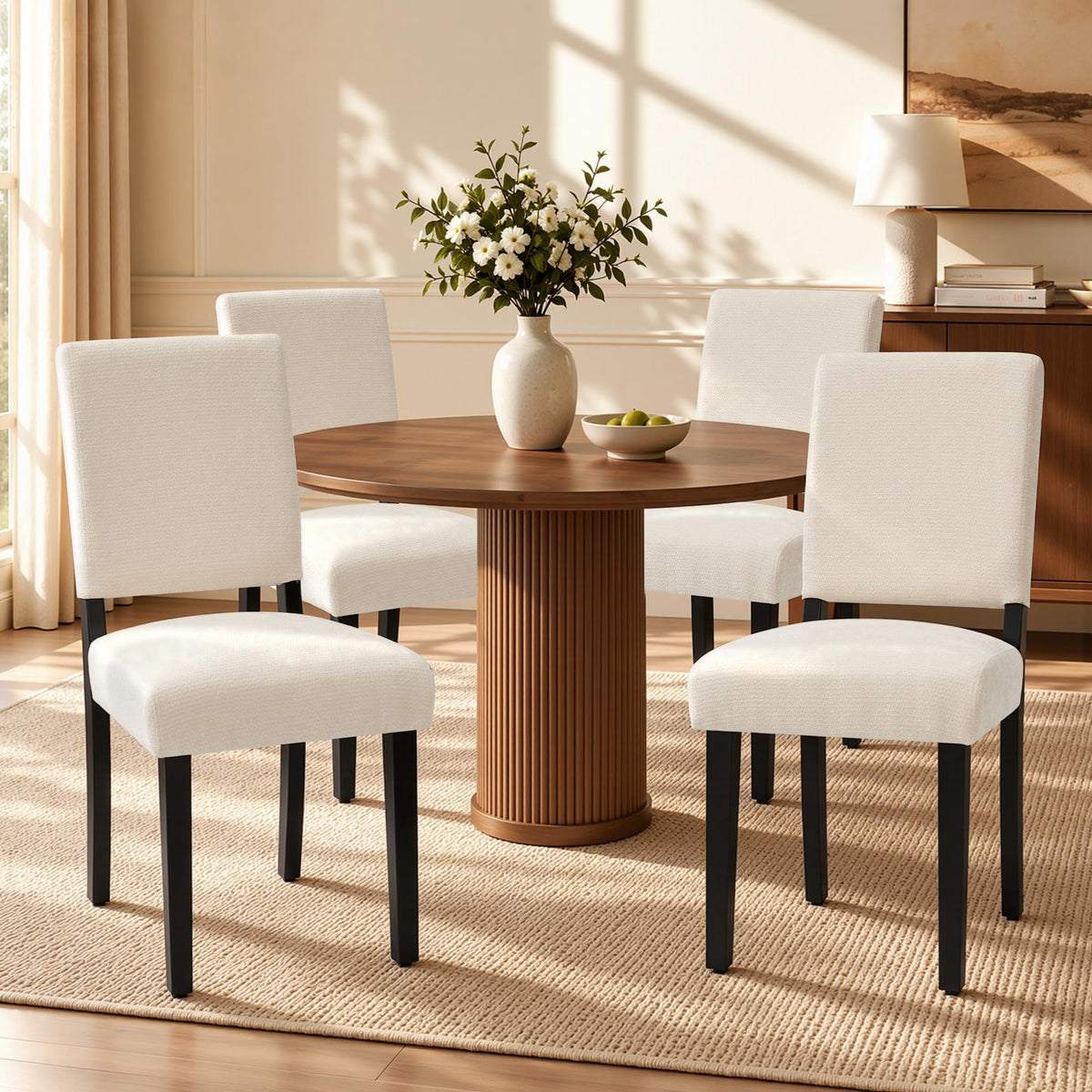 Set of 4, Upholstered Dining Room Chairs, Modern Farmhouse Parsons Chairs with Solid Wood Legs & Fabric Padded Seat