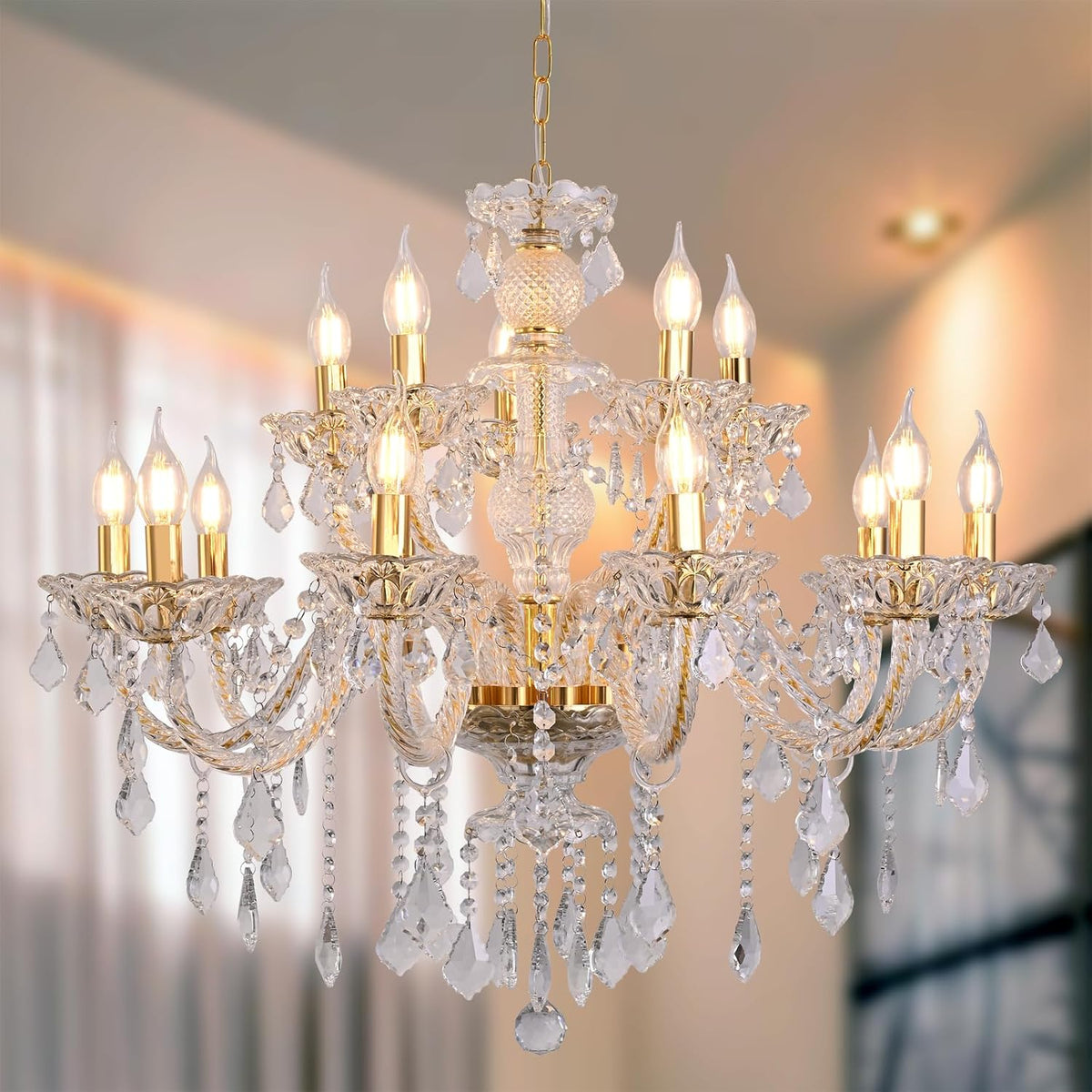 Fifteen-Light Double-Layer Crystal Chandelier, Flush Mount Style