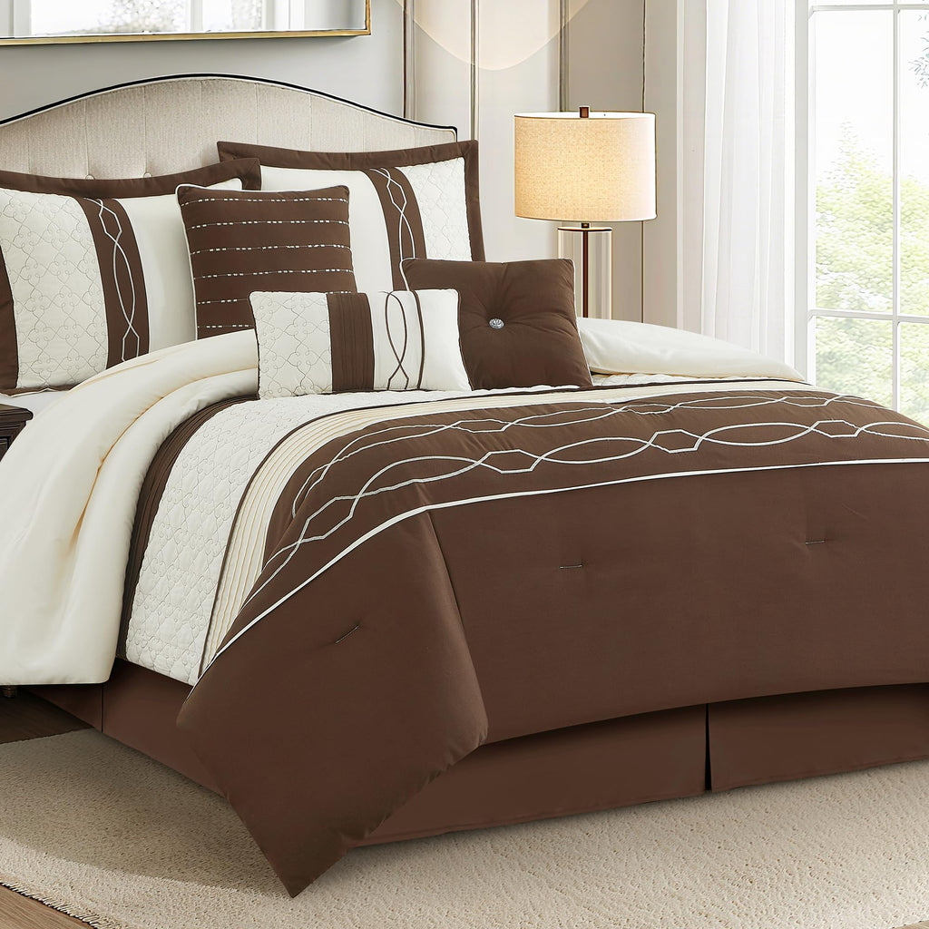 7 Piece Comforter Set, Brown Geometric Clip Design, 100% Polyester, Luxury All Seasons Bed Set Includes
