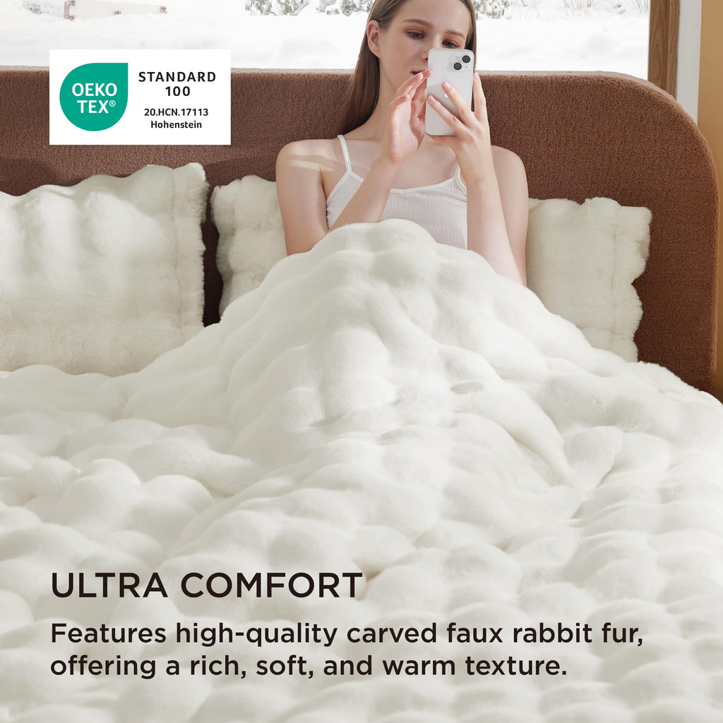 Faux Fur Duvet Cover Set, Plush Bubble Design, Coconut White