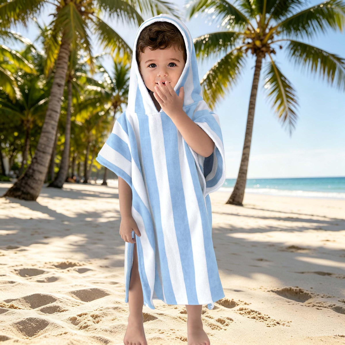 Toddler Poncho Towel 1-3Y,100% Cotton, Light‐Blue Stripe