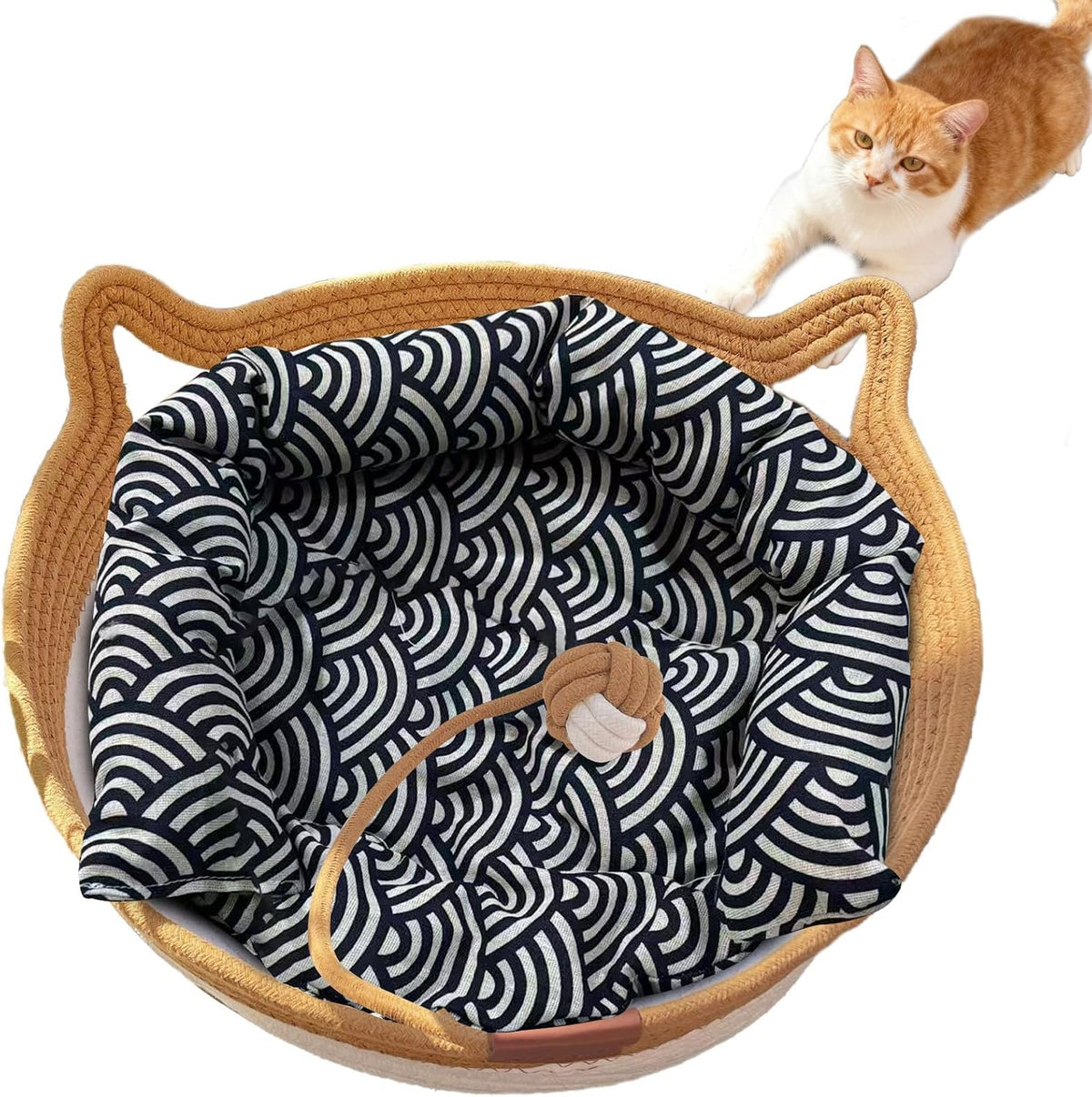 Instinct Basket, Stimuli Handwoven cat Basket Rope Cotton with Cushion, Eliminates Bed Rejection Round Pet Basket