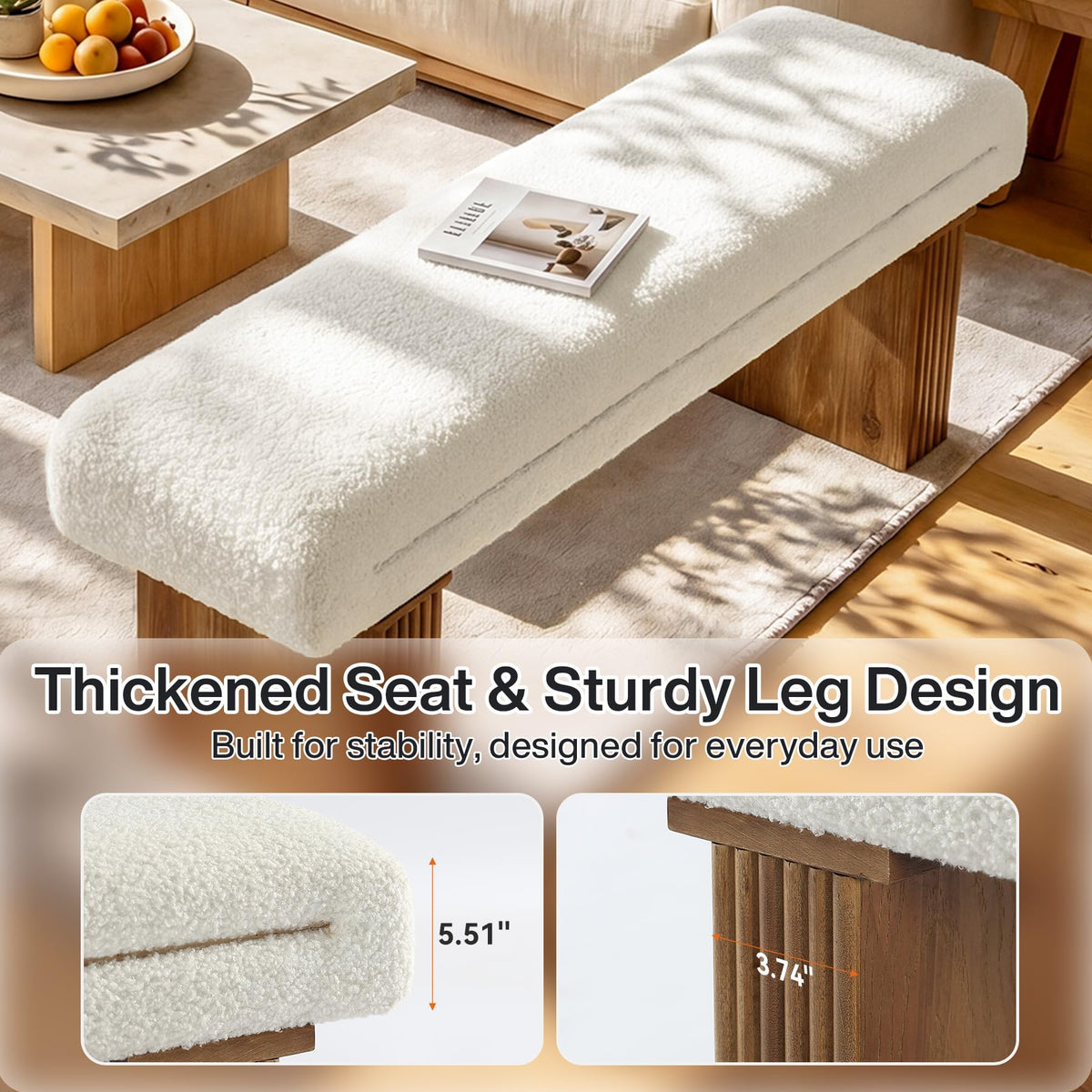 Solid Wood Entryway Bench, 47" Farmhouse End of Bed Bench, Ottoman Indoor Bench with Cushion, Upholstered Window