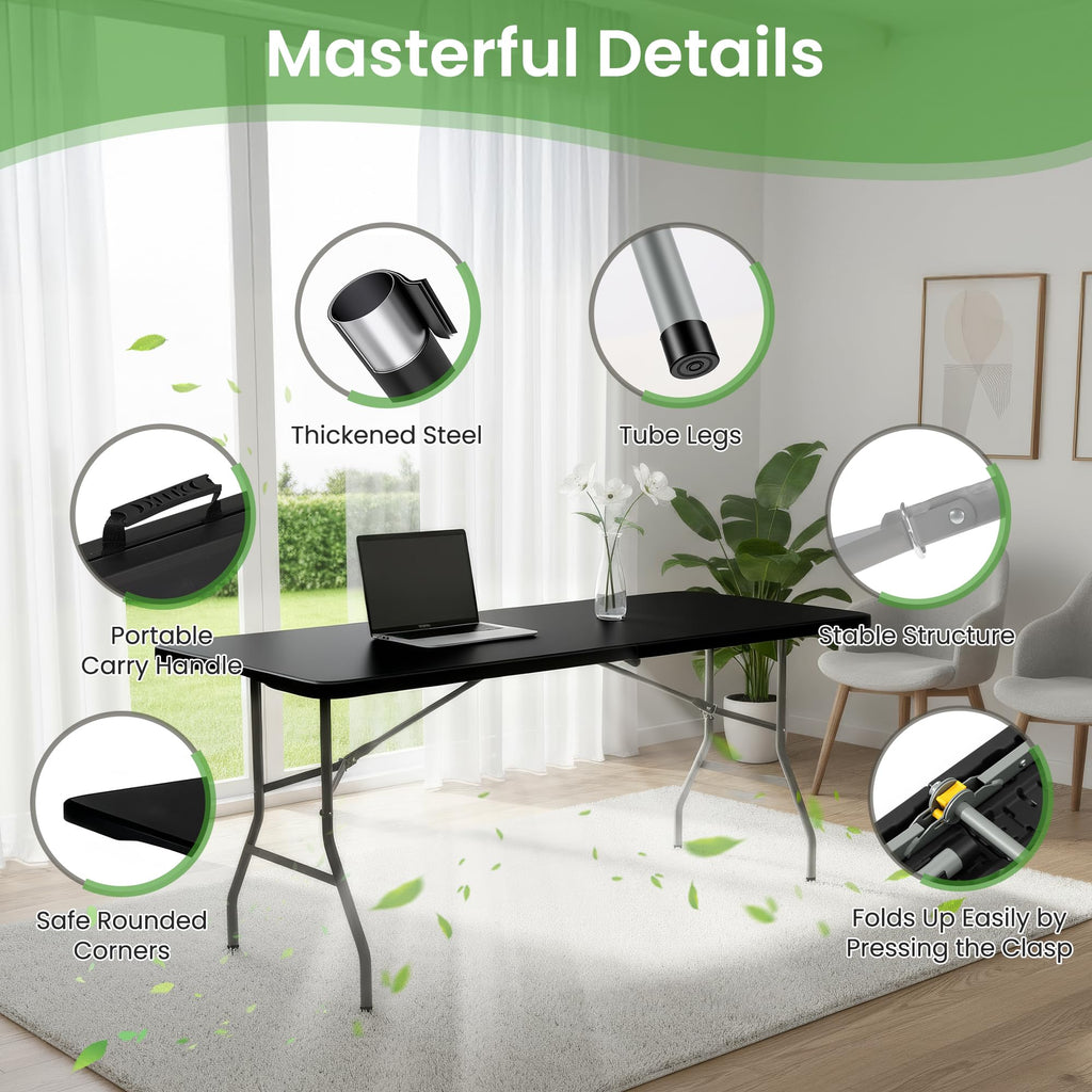 5 Pack 6FT Black Plastic Folding Tables, Fold-in-Half