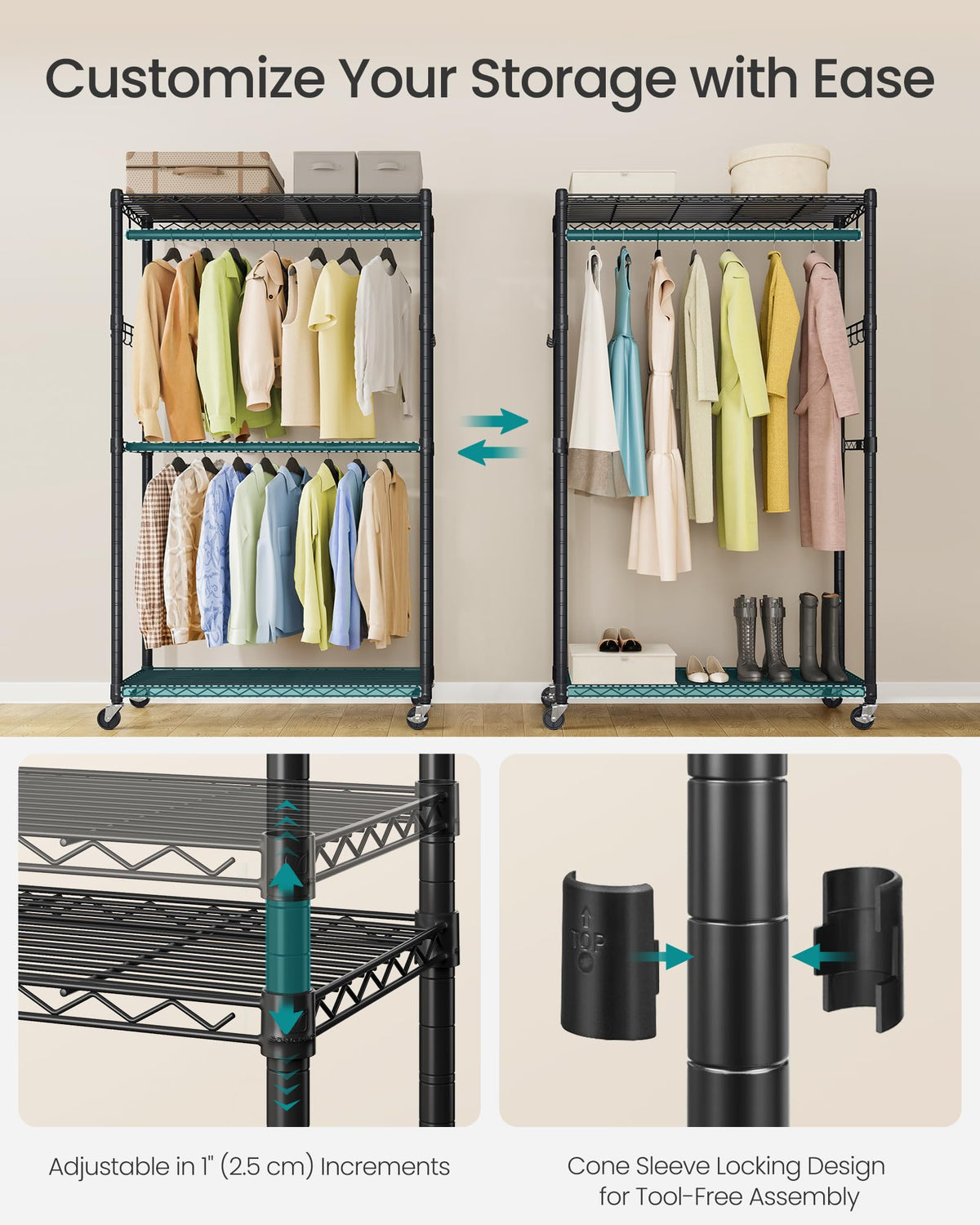 Heavy-Duty Clothes Rack, Portable Closet on Wheels, Garment Rack