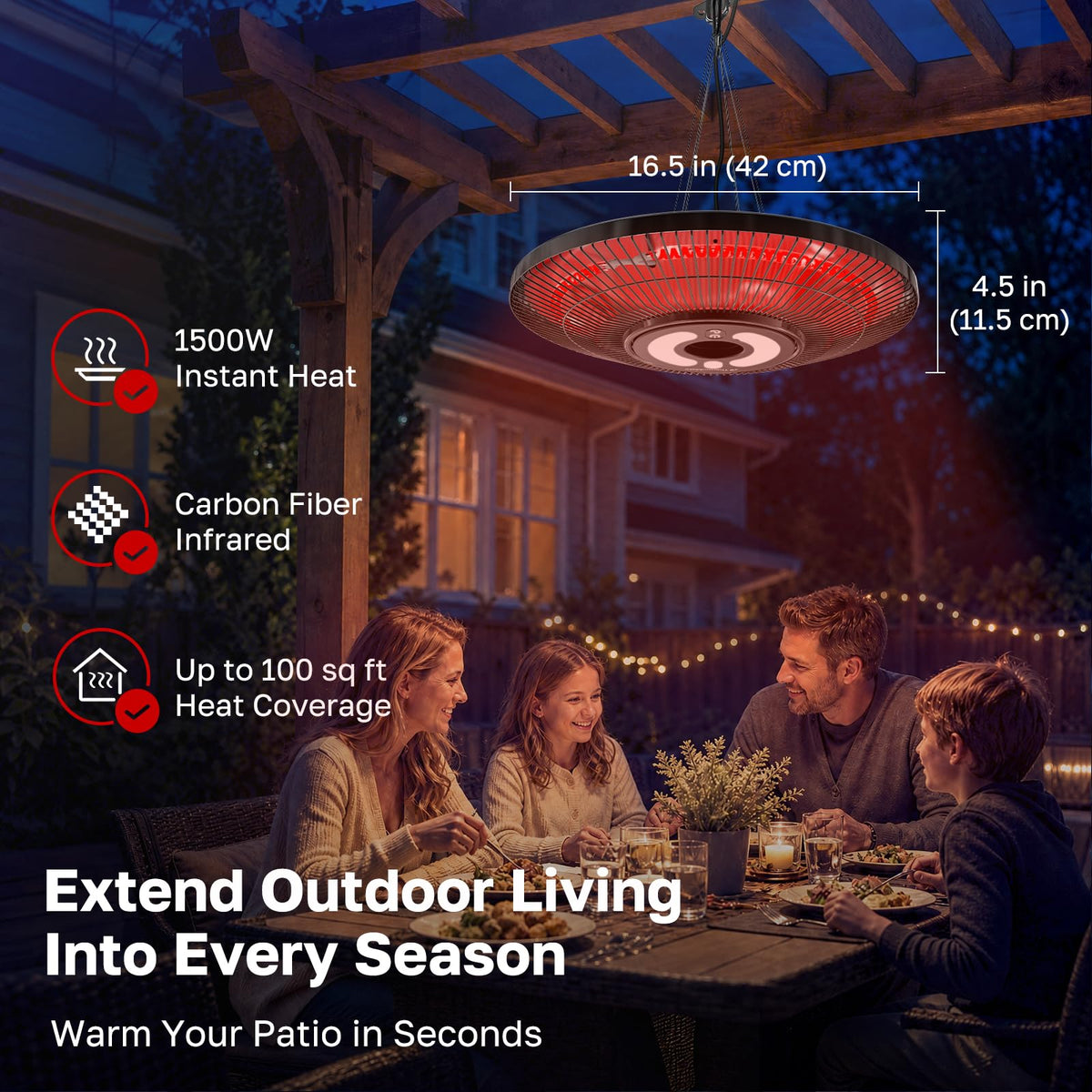 Electric Patio Heater Outdoor, 1500W Infrared Hanging Heater Ceiling Mounted with Chain, IP65 Waterproof Outdoor