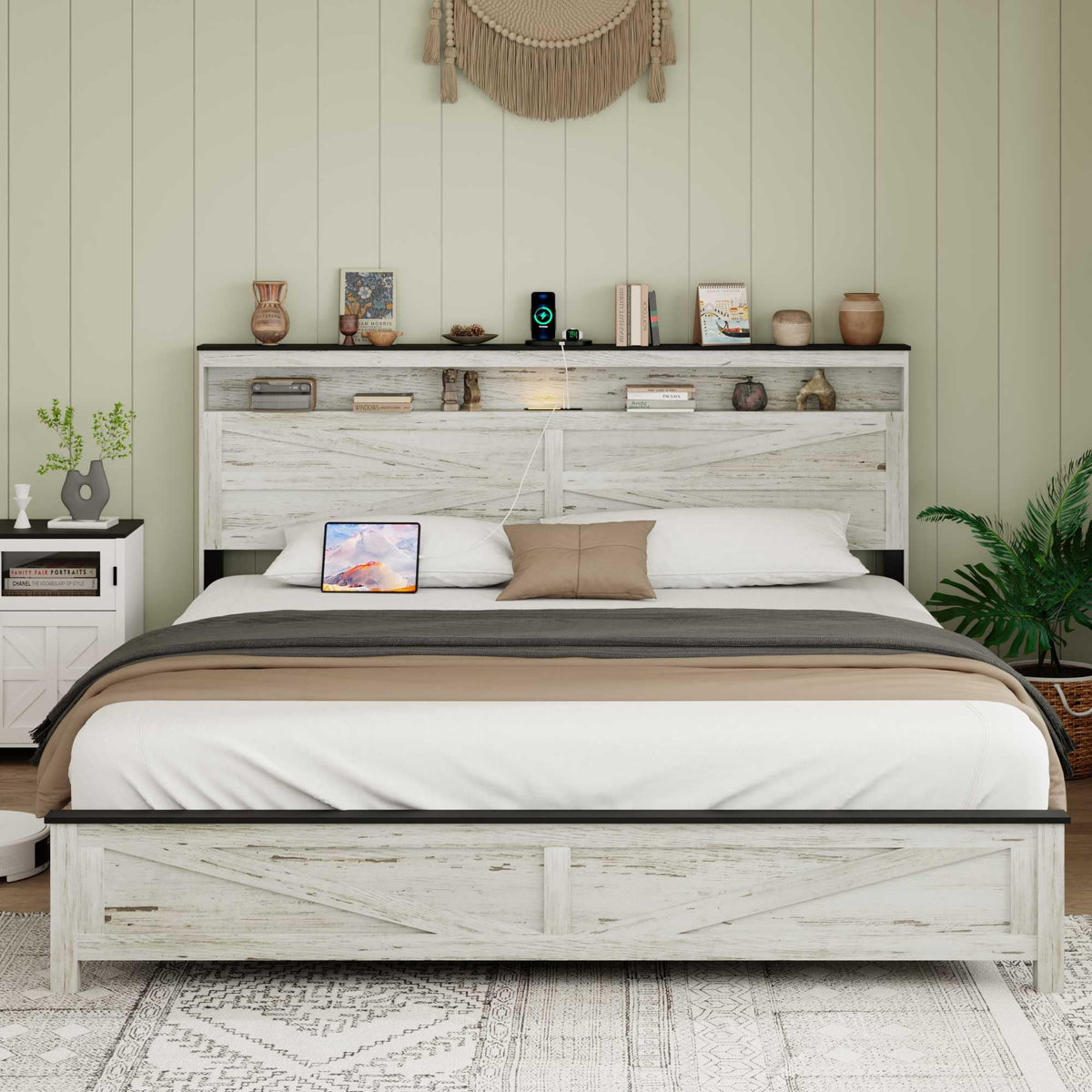 Farmhouse Wooden Bed Frame with Storage Headboard, Rustic Wooden Bedframe with LED Lights and Charging