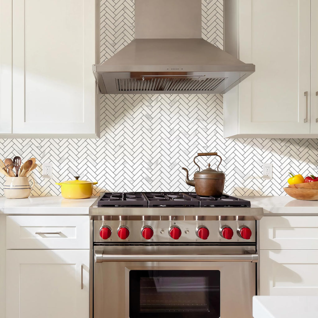 10 Sheets Herringbone Peel and Stick Backsplash, Stick on Aluminum Composite PVC Kitchen Backsplash, Marble White