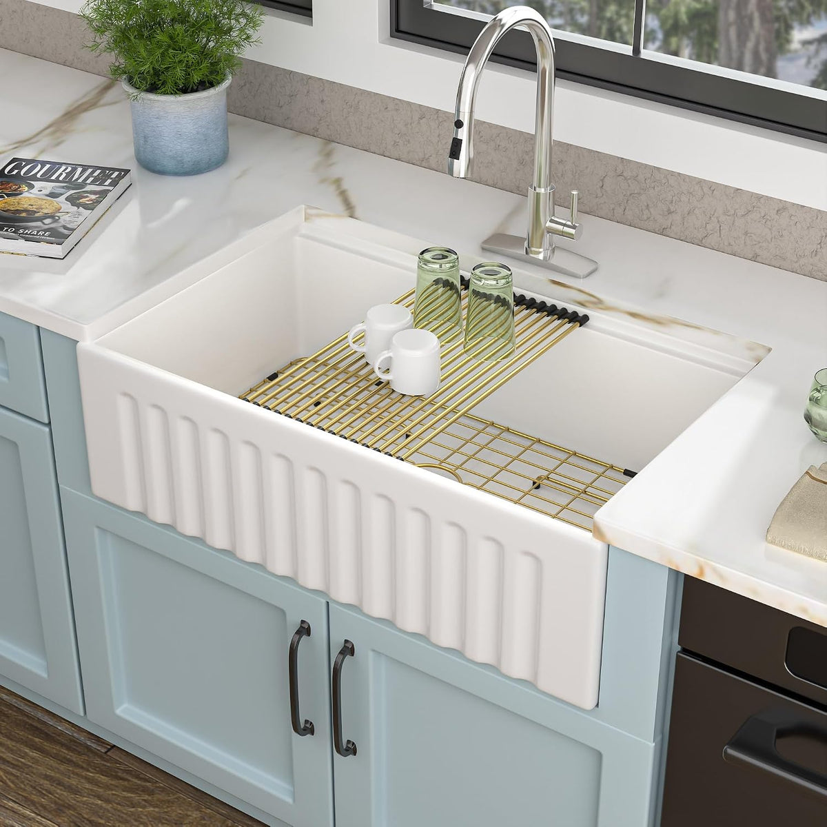 30 White Farm Sink Workstation - 30 Inch Farmhouse Kitchen Sink Workstation with Slide Ledge Apron Front Reversible