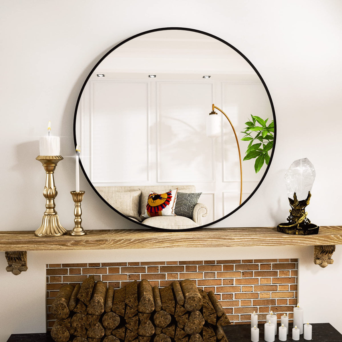 Black Round Bathroom Mirror 23.6", Thin Metal Frame Wall Mirror