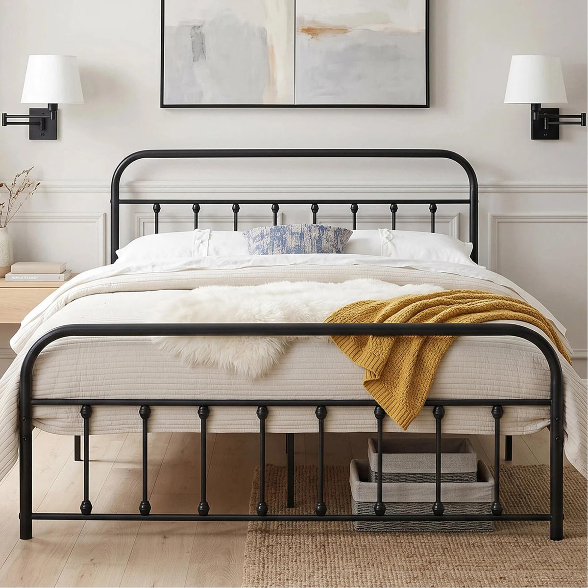 Black Metal Bed Frame with Vintage Headboard and Footboard, No Box Spring Needed, Premium Stable Steel Slat