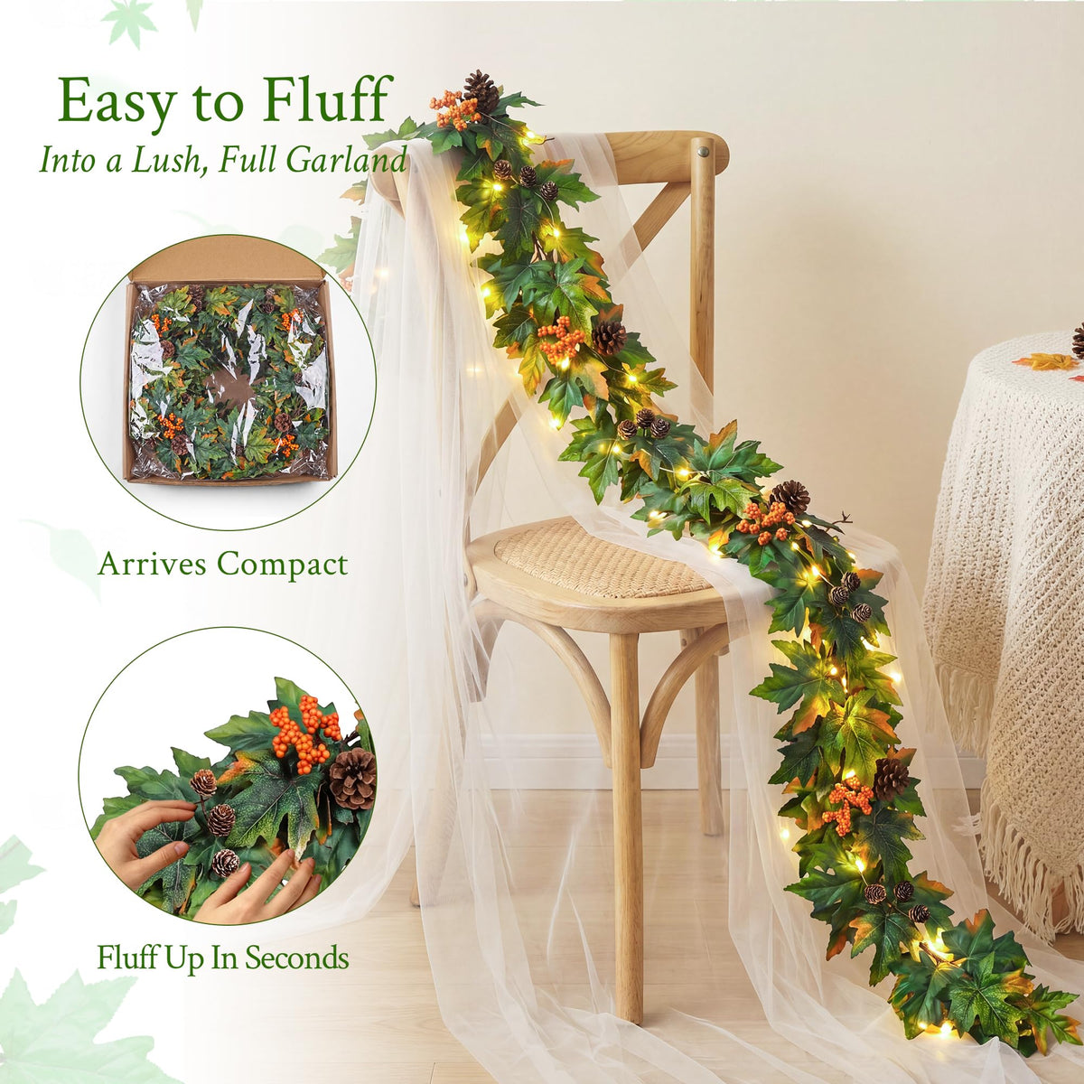 6ft Lighted Fall Garland with 30 Lights & Automatic Timer & Maple Leaves