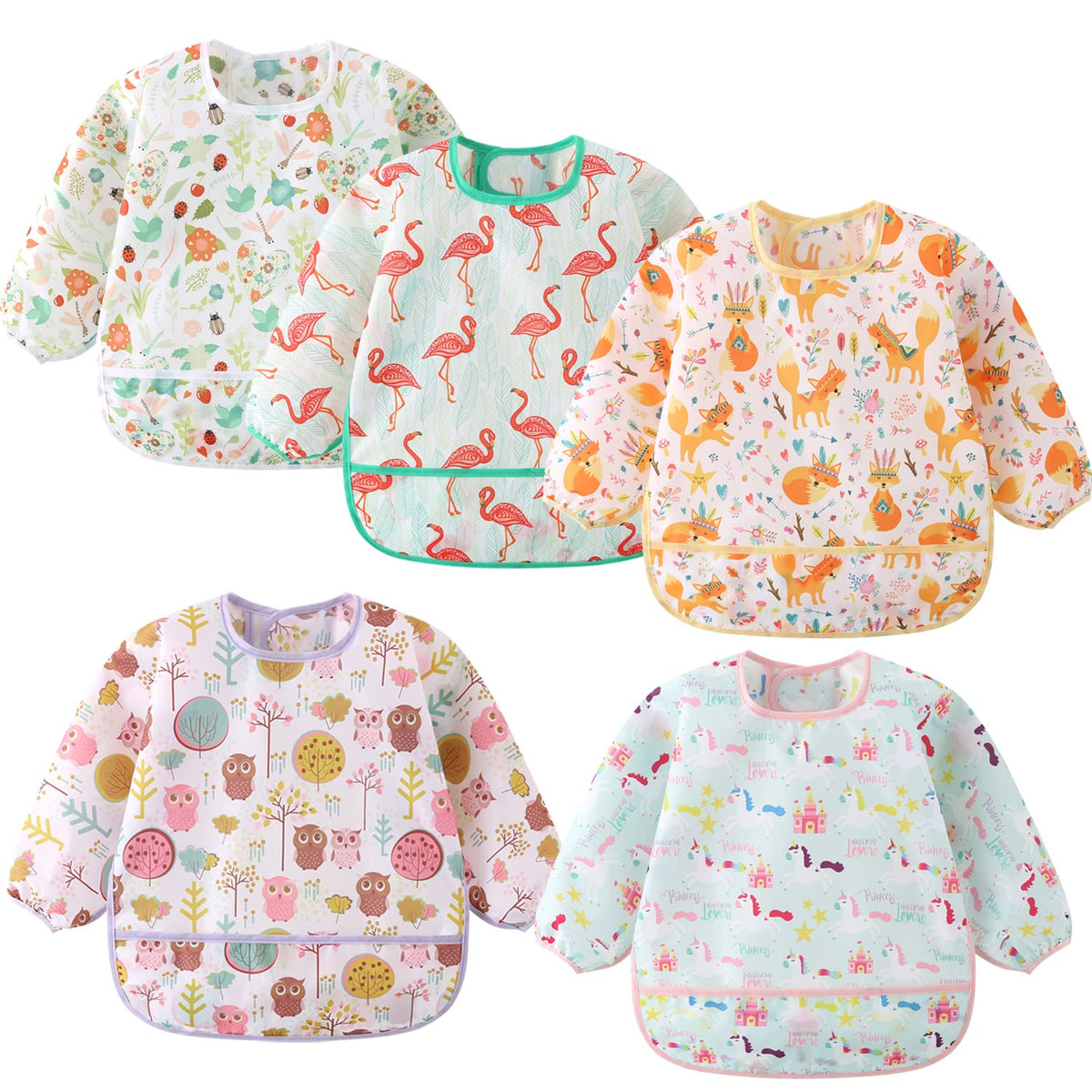 5 Pack Waterproof Long Sleeve Bibs for Babies & Toddlers 6-30M