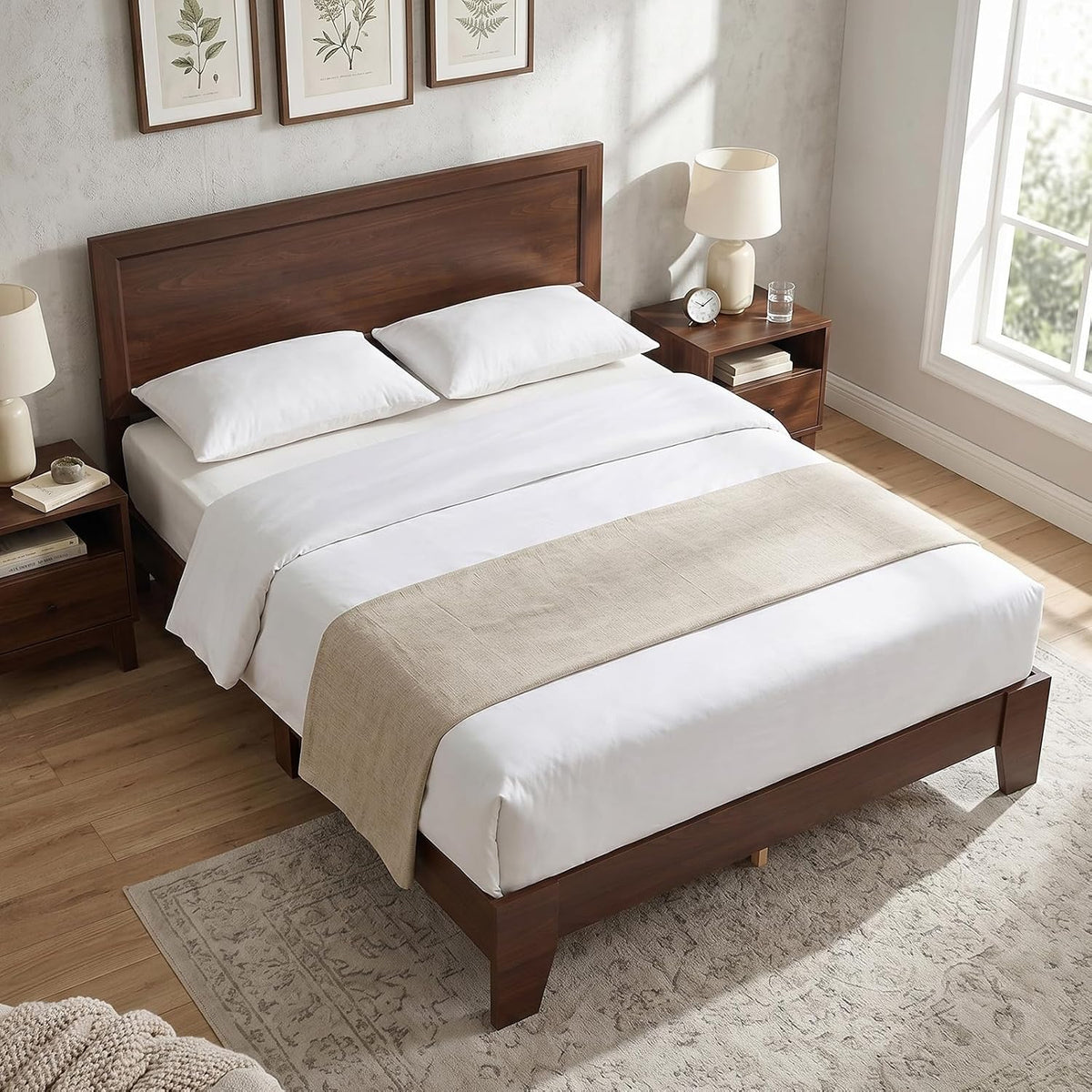 Queen Bed Frame, Mid-Century Modern Platform Bed with Headboard, Wooden Slat Support Mattress Foundation, Under-Bed