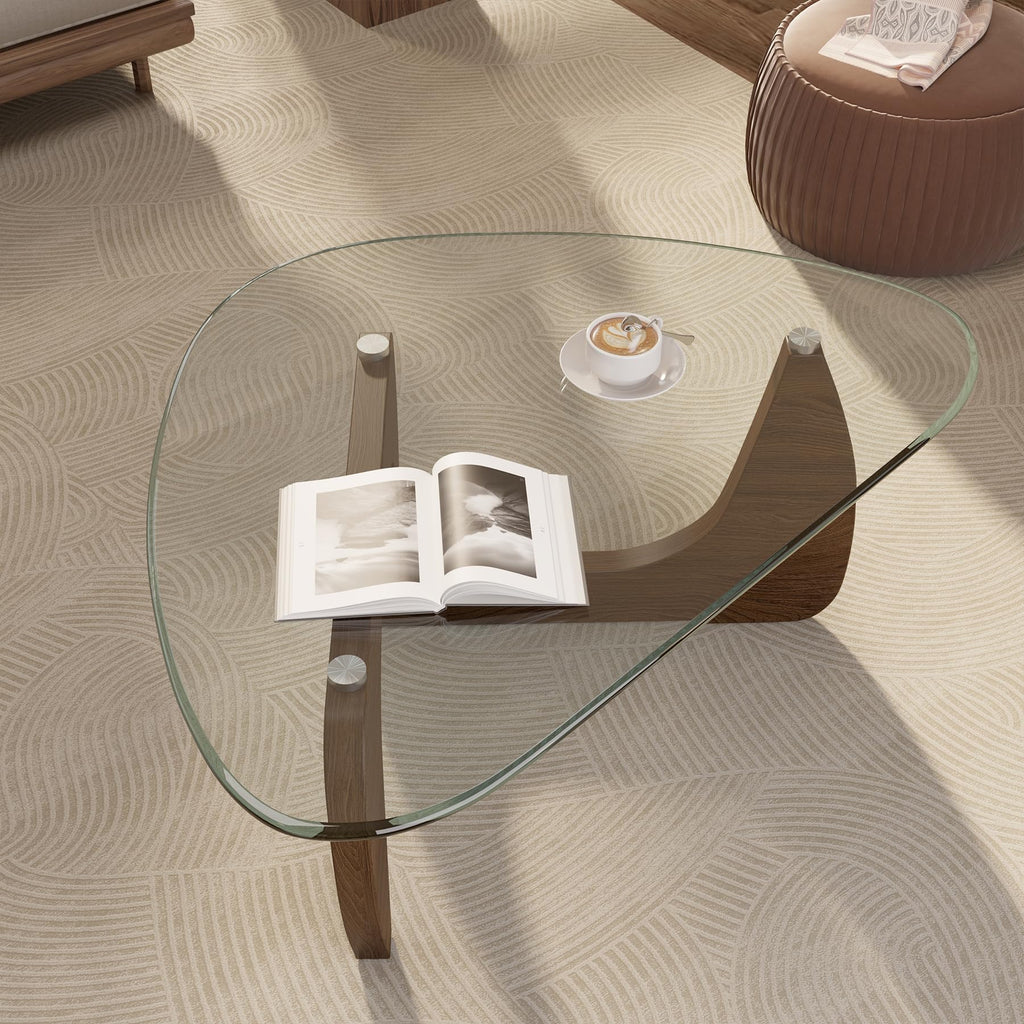 Inspired Noguchi Style Modern Glass Coffee Table, Triangle Center Table with Tempered Glass Top& Unique Wooden Base, 42.5" Mid Century Tea