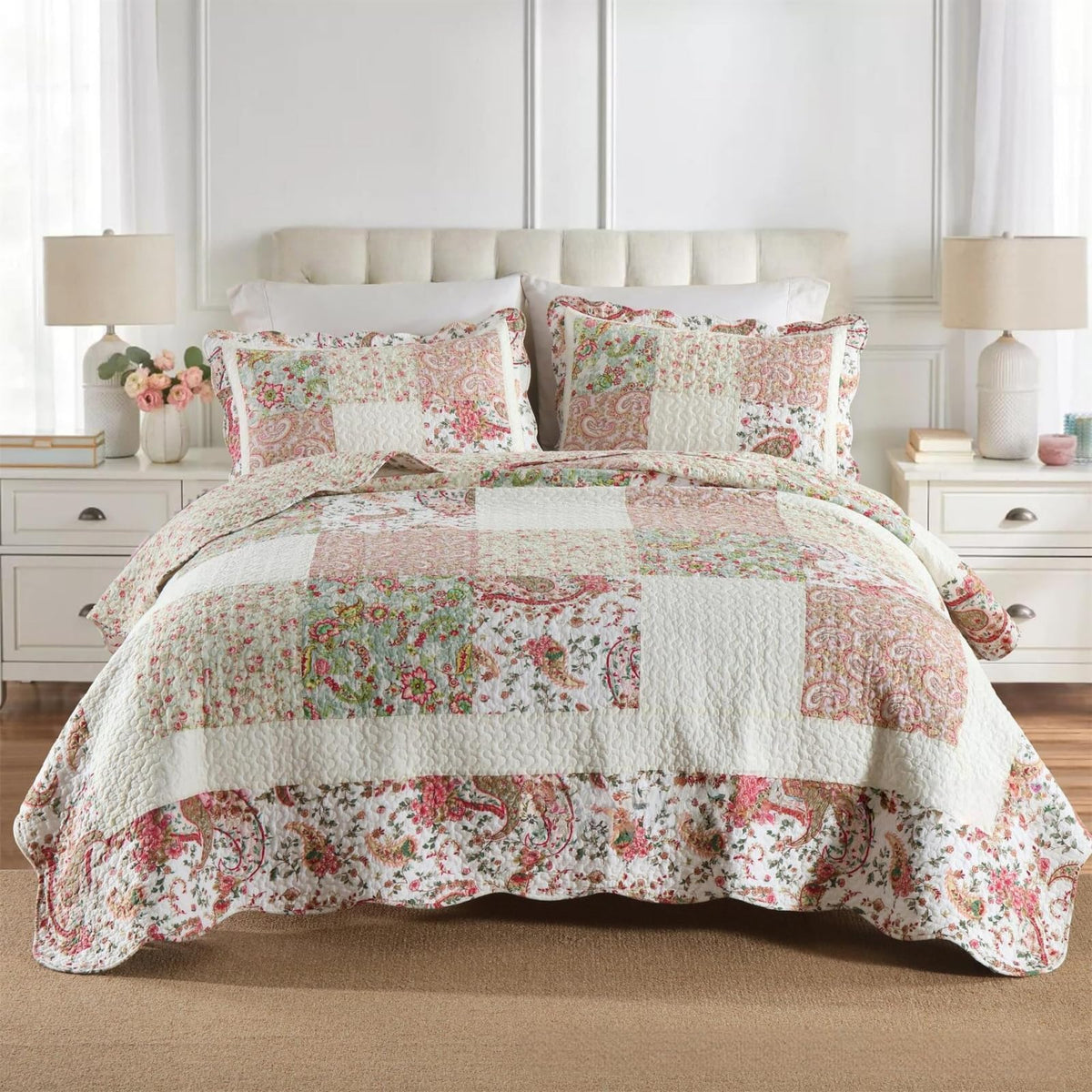 3 Pcs Cotton Paisley Patchwork Quilted Bedding Set Vintage Shabby Chic Botanical Rose Quilted Bedspread with Ruffle