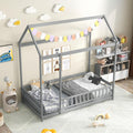 Floor House Bed, Wooden Montessori Bed with Roof &Full-Length Safety Guardrail, Floor Playhouse Bed Frame