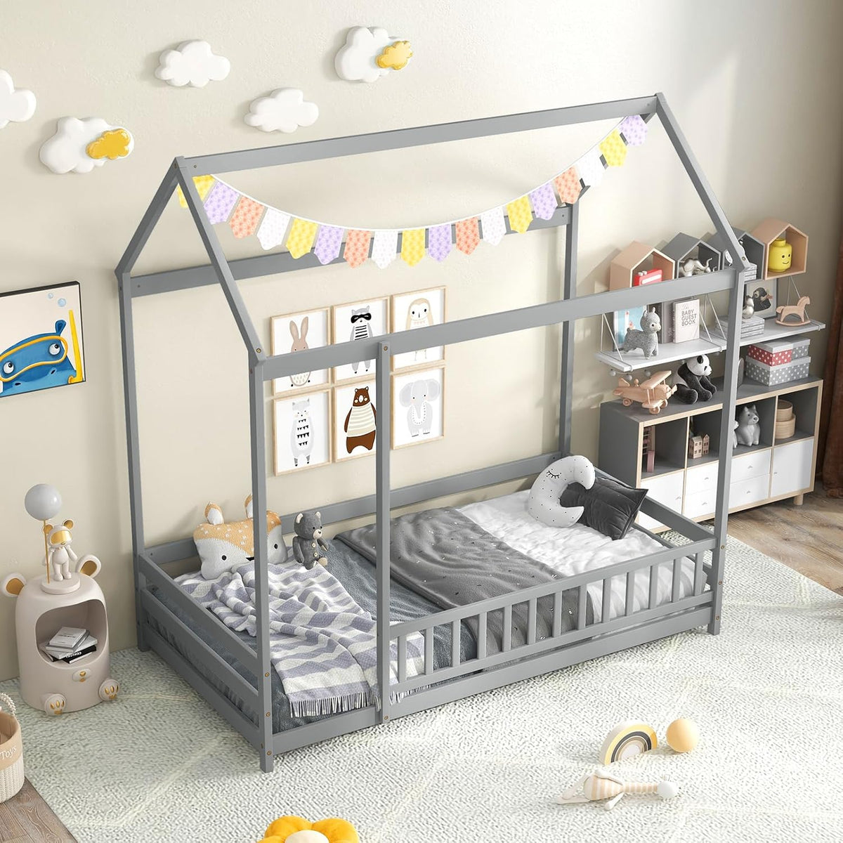 Floor House Bed, Wooden Montessori Bed with Roof &Full-Length Safety Guardrail, Floor Playhouse Bed Frame